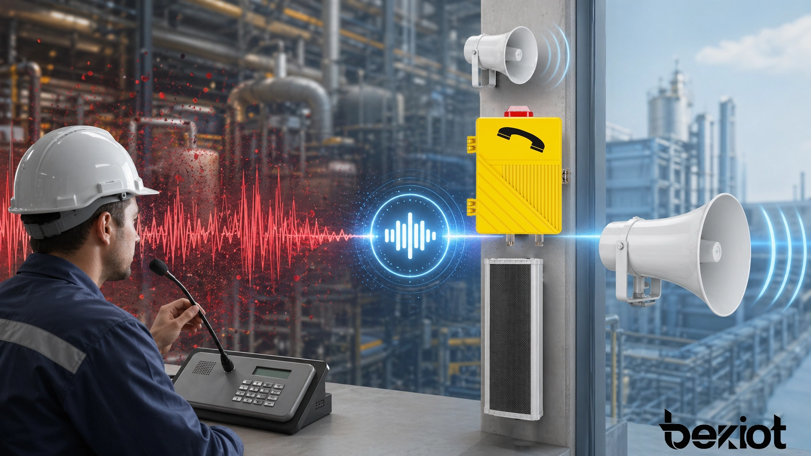 Концепция шумоподавления NR показывает снижение фонового шума при сохранении чистой речи в деловой и промышленной системе связи