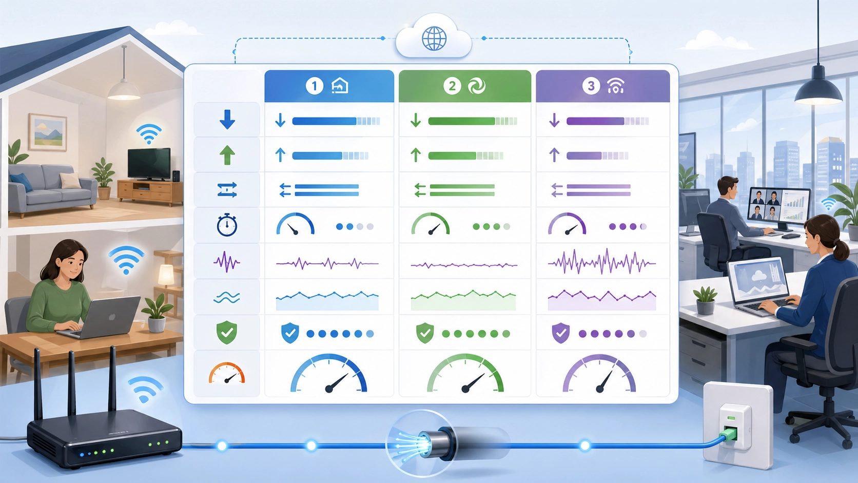 Сравнение провайдеров стационарной широкополосной связи по метрикам: входящая скорость, исходящая скорость, латентность, стабильность и надежность сети