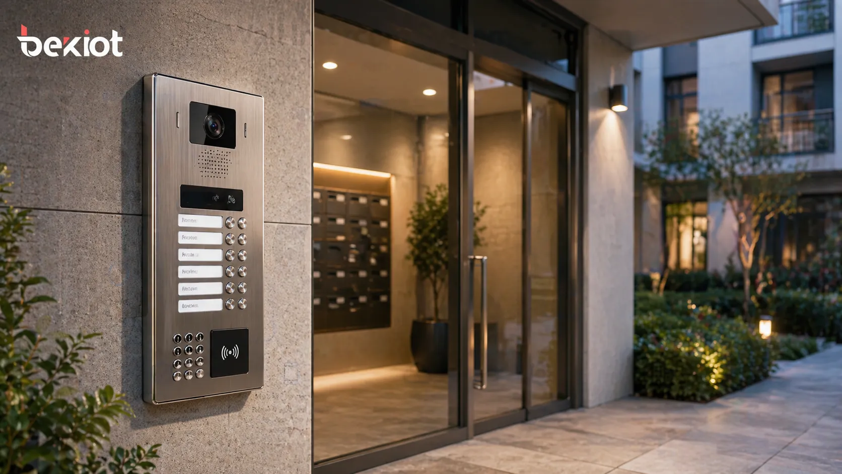 Настенный домофон у входа в многоквартирное здание