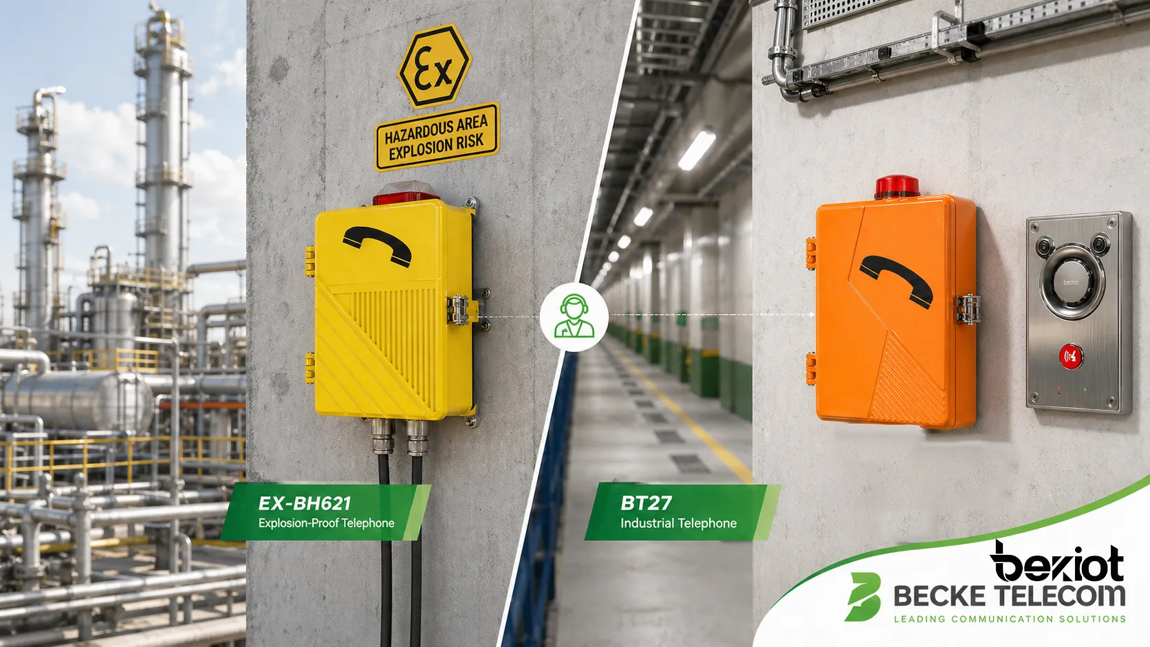 Настенный взрывозащищенный телефон Becke Telcom EX-BH621 и промышленный телефон BT27, установленные в сценариях связи опасной зоны и промышленного объекта