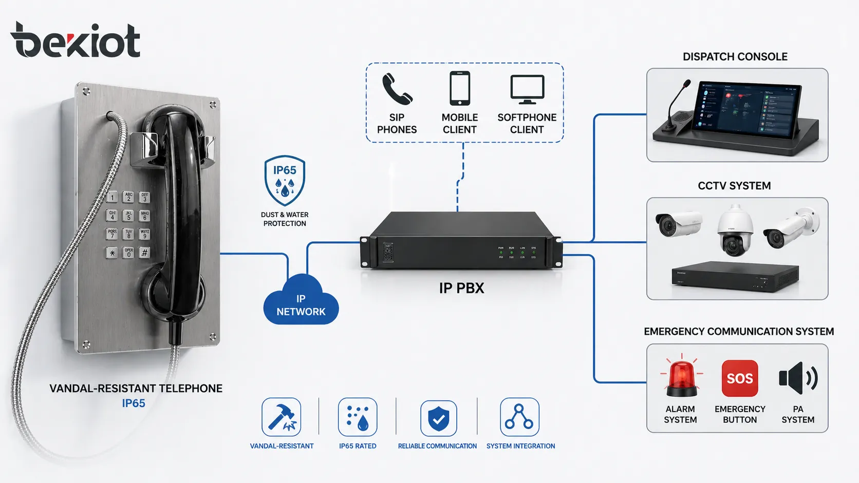 Антивандальный телефон BT22 подключенный к IP PBX диспетчерской консоли CCTV и архитектуре аварийной связи