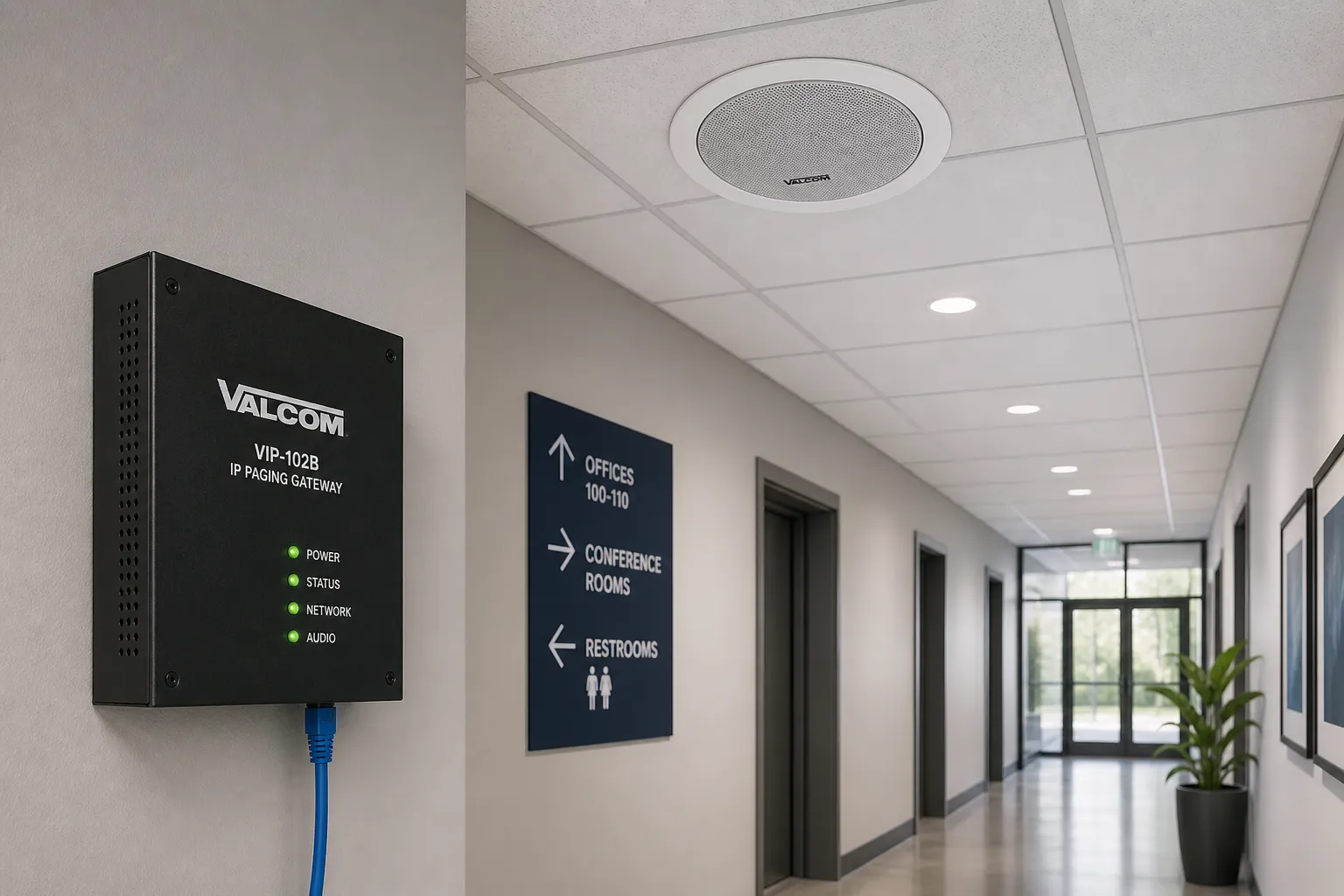 IP-шлюз оповещения Valcom и потолочный громкоговоритель в современном коридоре, демонстрирующие масштабируемые сетевые аудиорешения