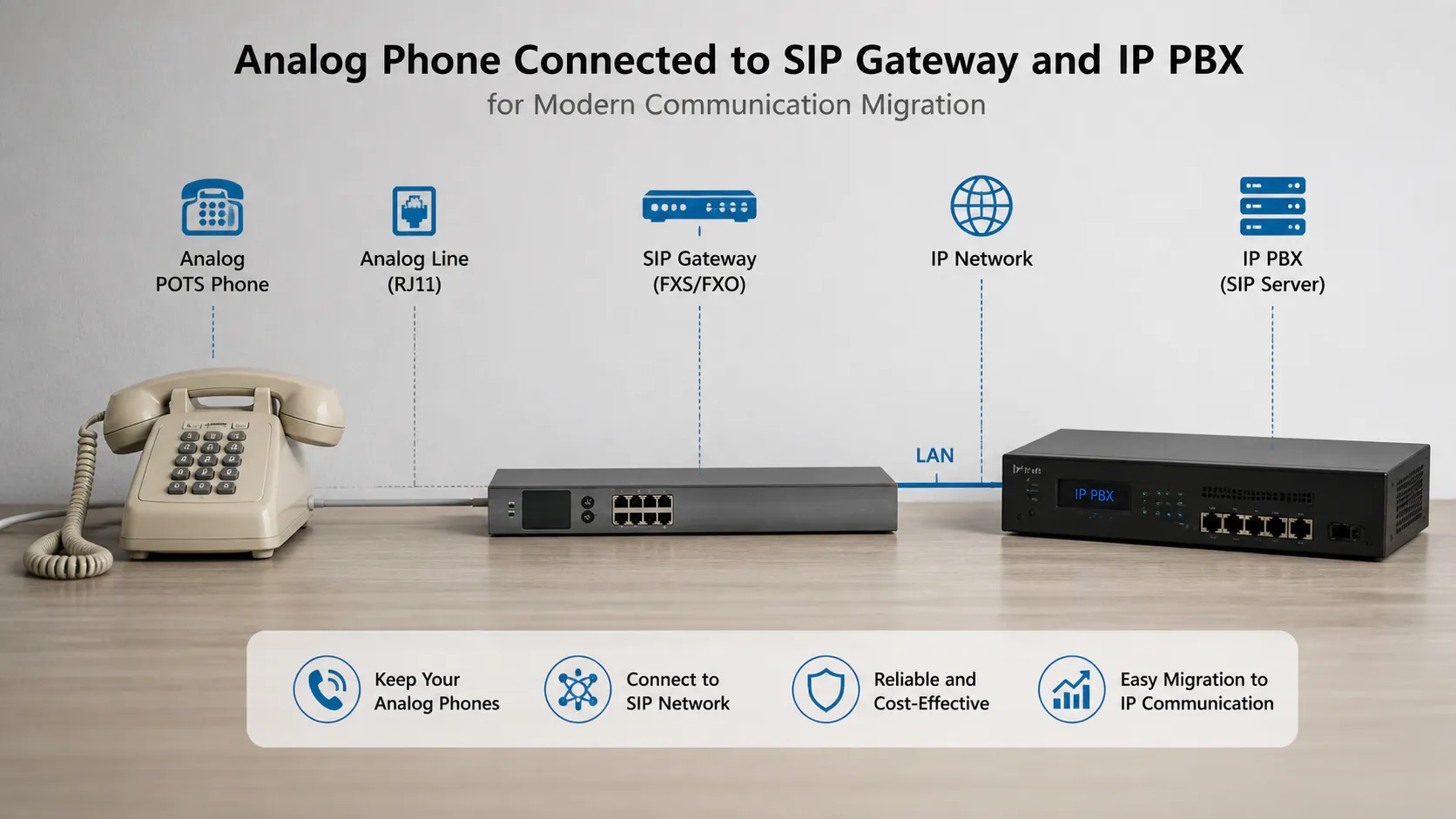 Аналоговый телефон POTS, подключенный к SIP-шлюзу и IP PBX для современной миграции связи