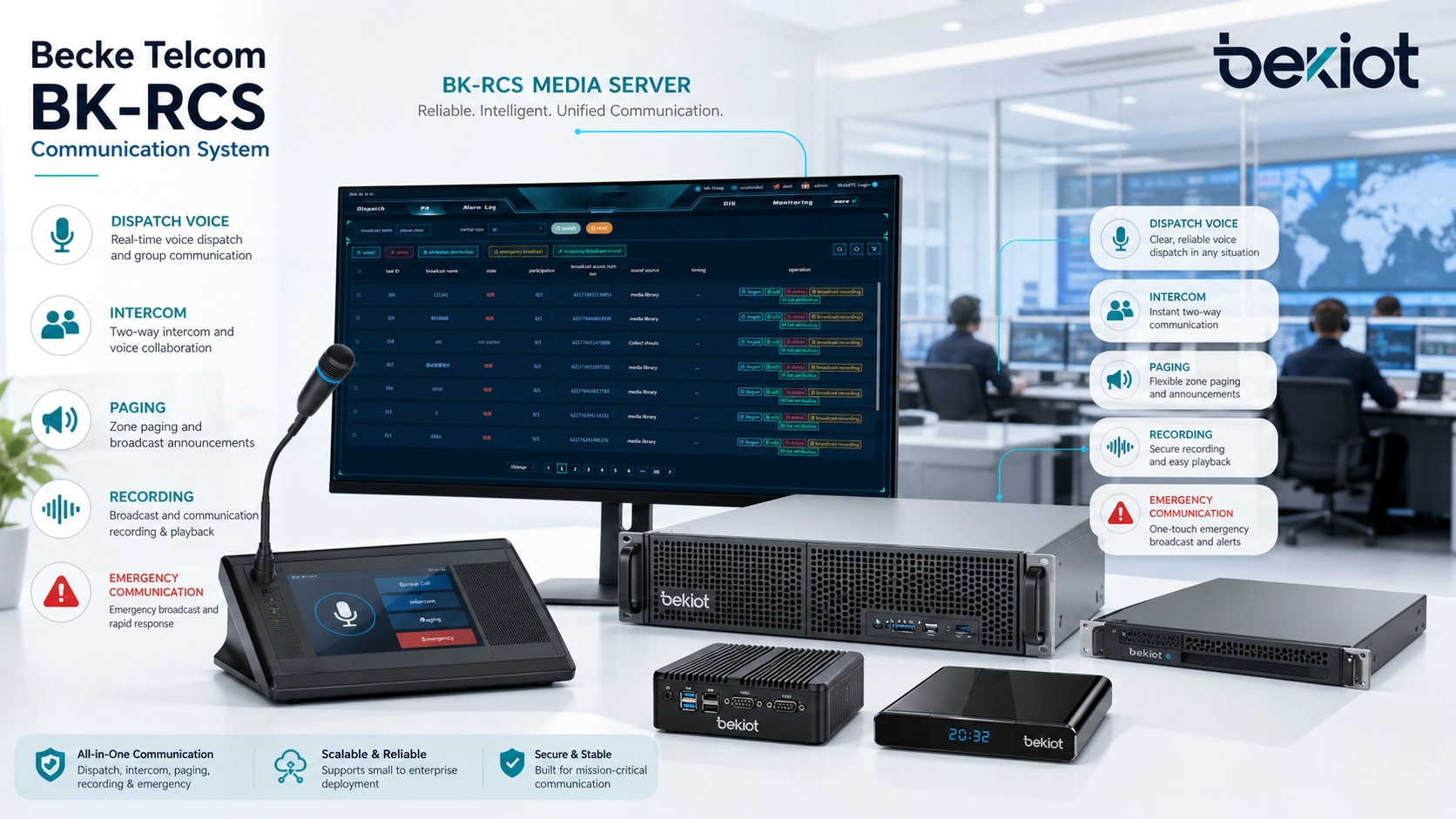 Сервер Becke Telcom BK-RCS и система BK-RCS с медиавозможностями для диспетчеризации, интеркома, paging, записи и ЧС