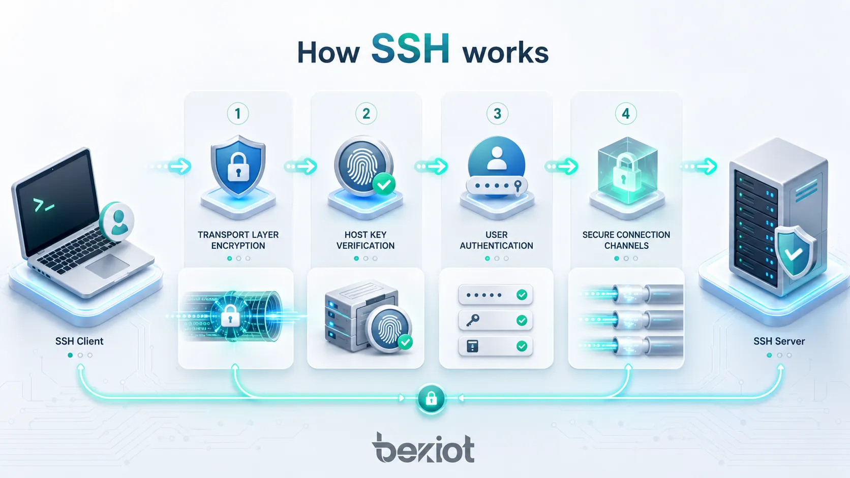 Принцип работы SSH: шифрование транспортного уровня, проверка хост-ключа сервера, аутентификация пользователя и защищённые каналы соединения