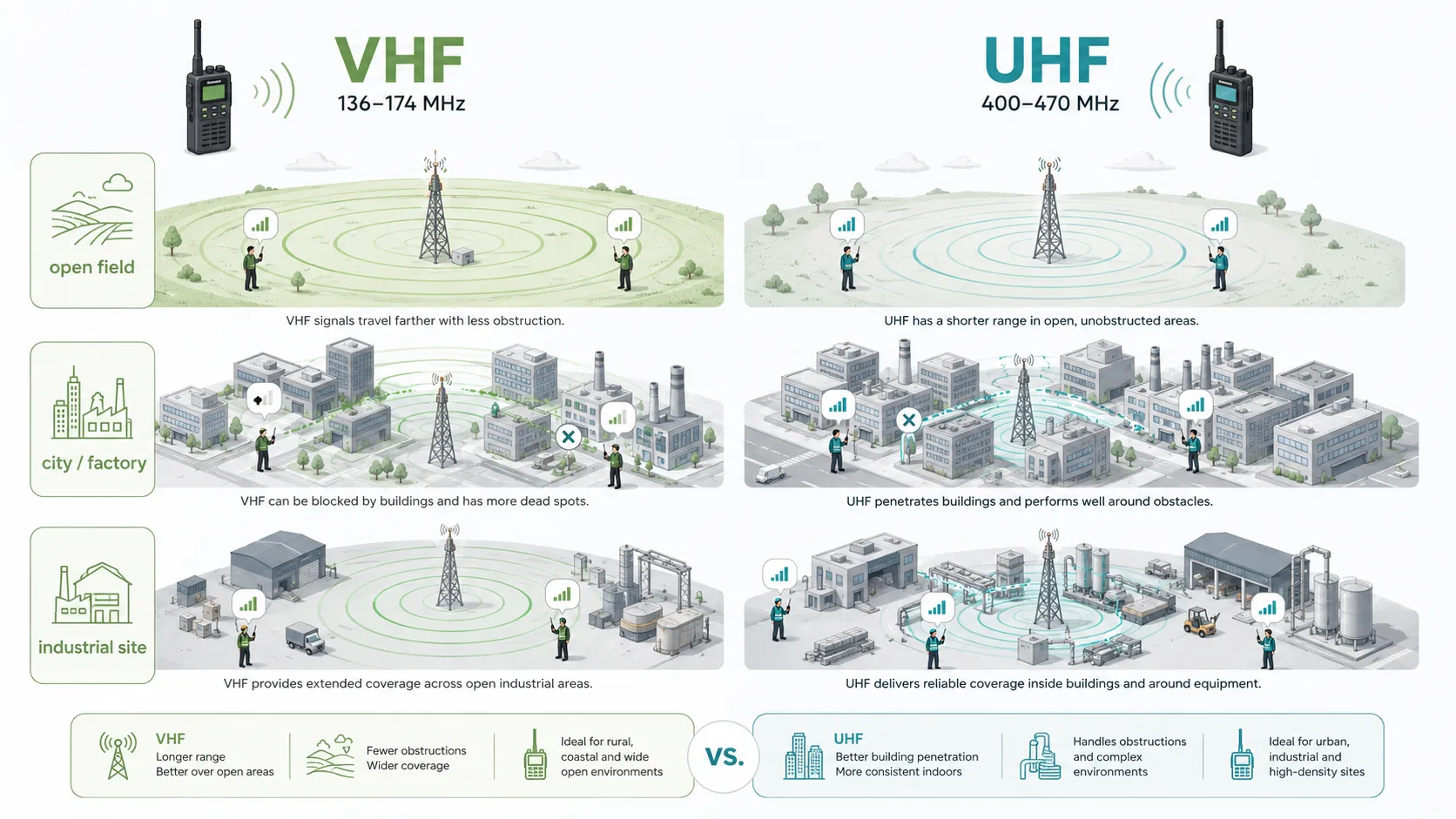 Сравнение покрытия VHF и UHF радиостанций на заводе в городе и в открытом поле