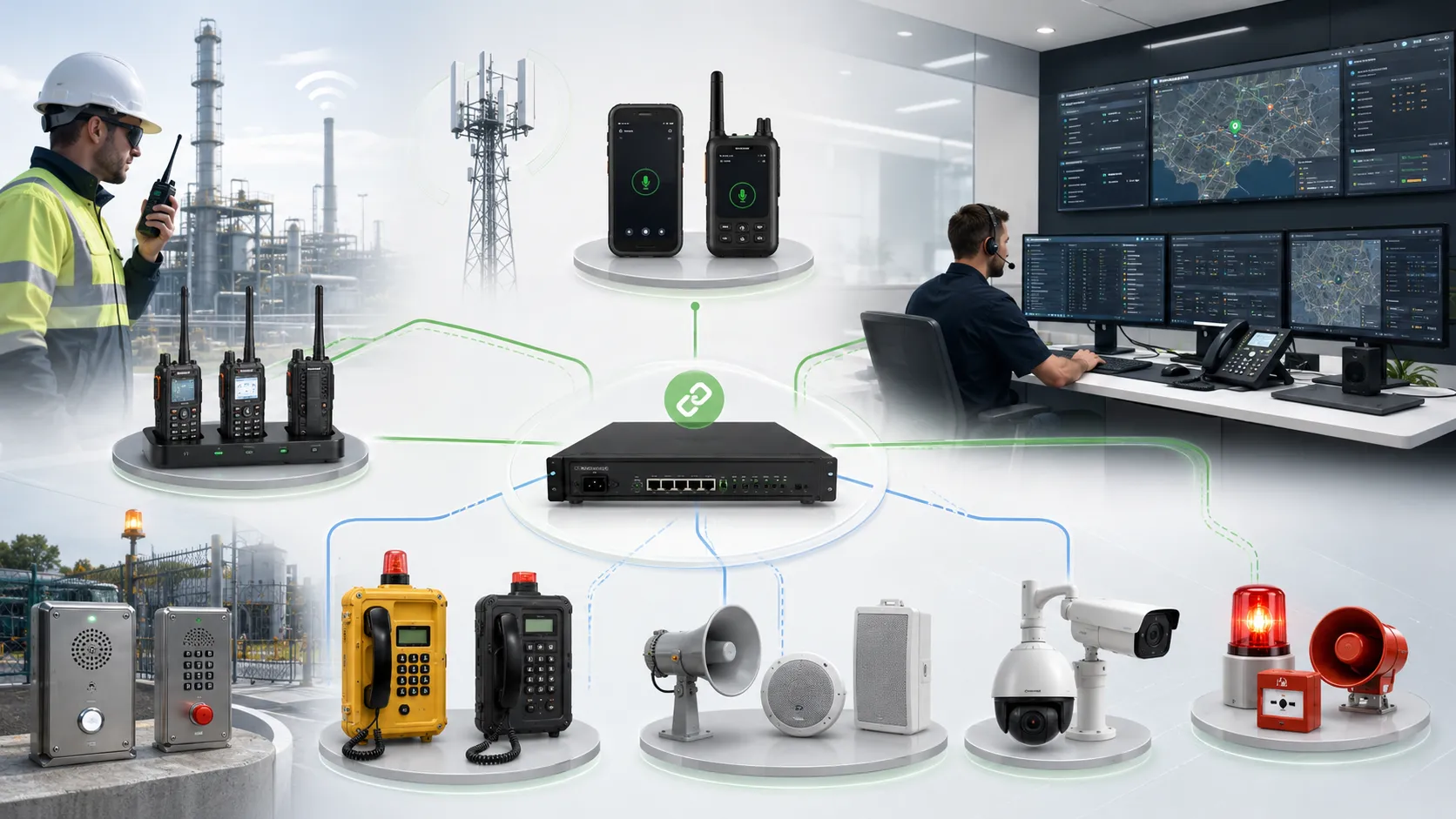 Гибридное решение Becke Telcom для аварийной связи с рациями PoC RoIP-шлюзом SIP-диспетчеризацией промышленными телефонами PA и CCTV