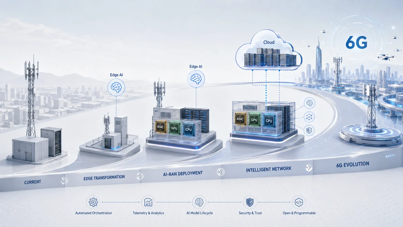 Дорожная карта AI-RAN с ASIC GPU CPU гетерогенными вычислениями edge AI облачной оркестрацией и эволюцией 6G