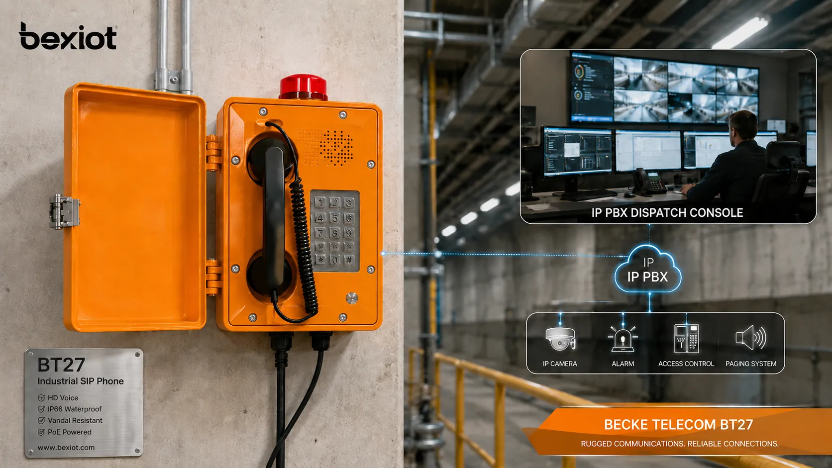 Промышленный SIP-телефон Becke Telcom BT27 установлен как прочный настенный интерком-терминал, подключенный к IP PBX, диспетчерской консоли и пункту управления