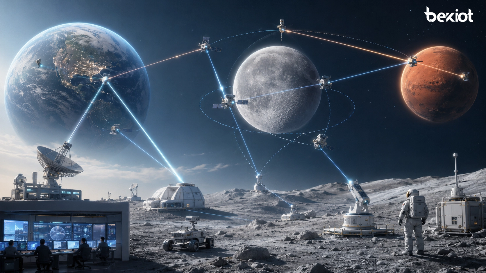 Концептуальная оптическая сеть Луна Марс соединяет корабли лунные объекты станции и центр управления