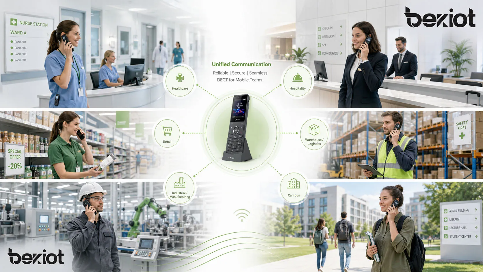 Корпоративные приложения DECT в здравоохранении, гостиничном деле, розничной торговле, складах, промышленности и кампусных средах