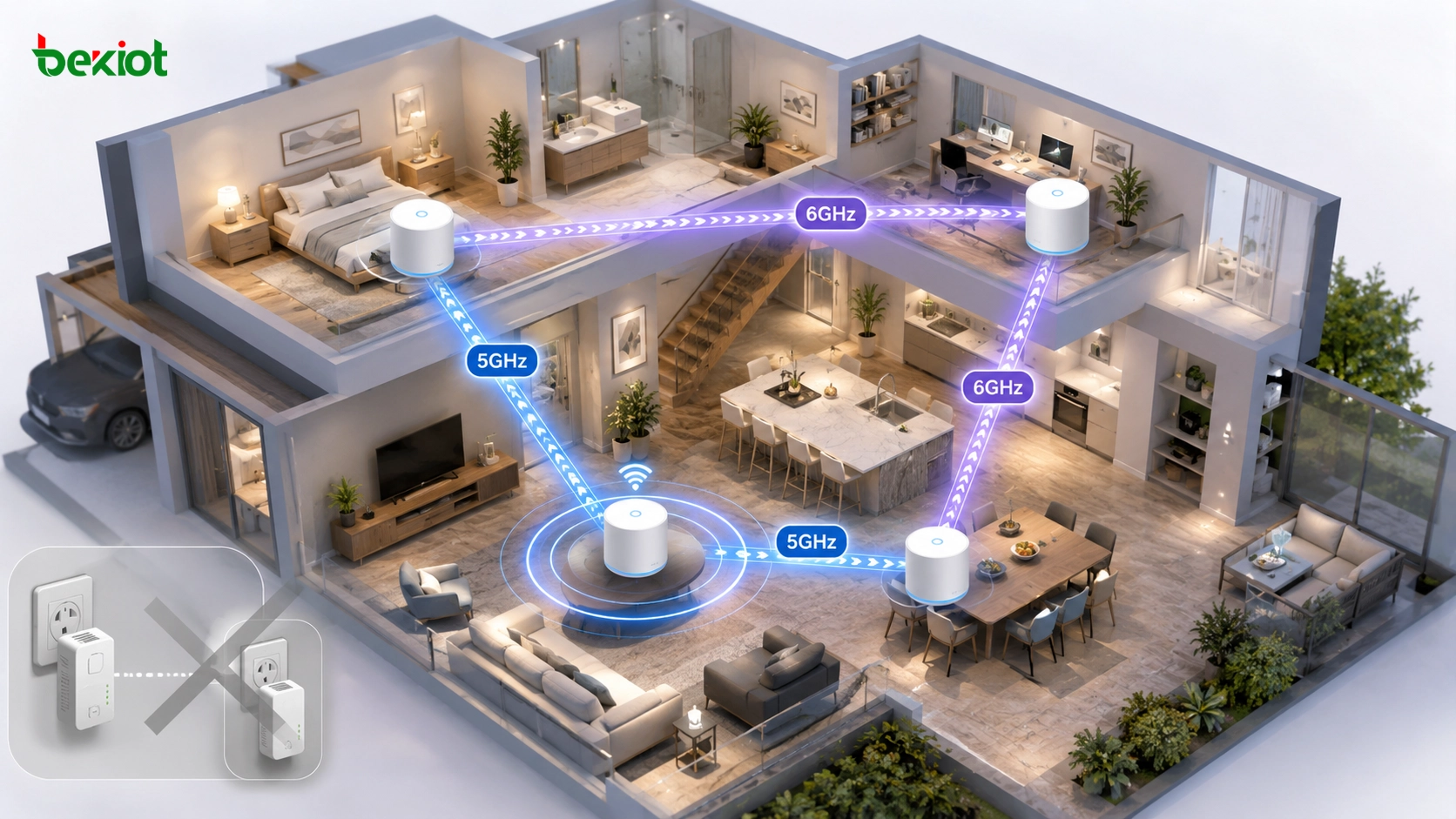 Сеть Wi-Fi Mesh заменяет powerline-адаптеры для покрытия всего дома с беспроводным backhaul 5GHz и 6GHz