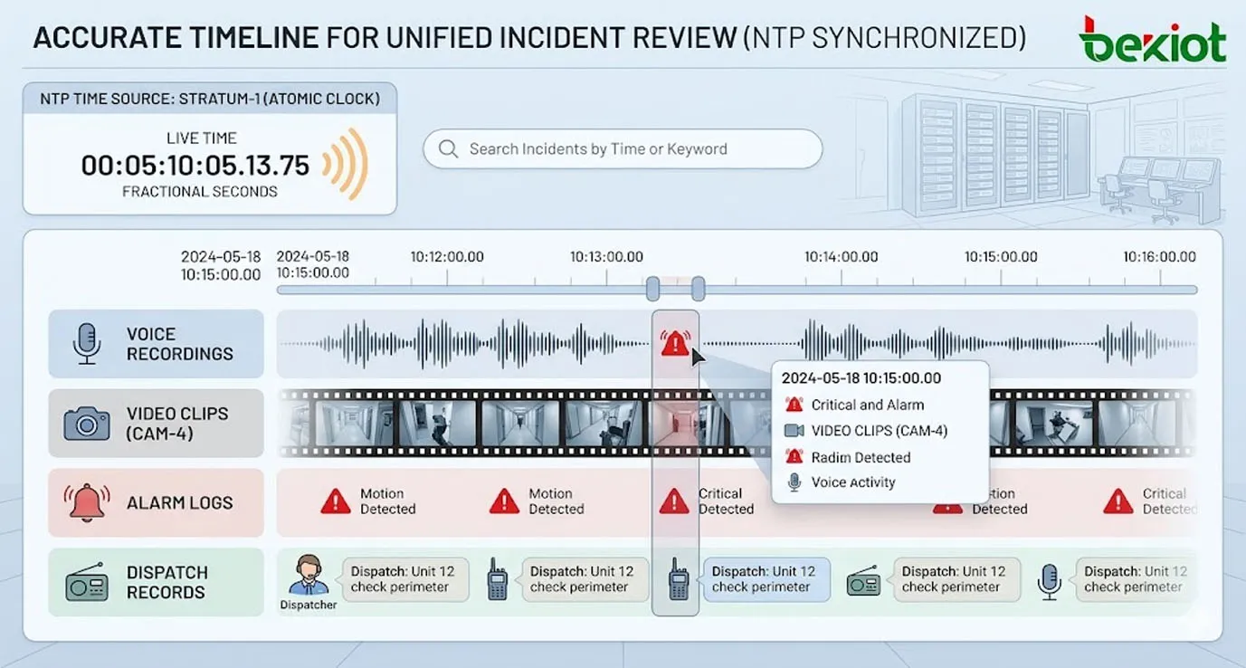 NTP synchronization architecture for communication systems showing IP PBX SIP phones gateways recording server dispatch console and central NTP server