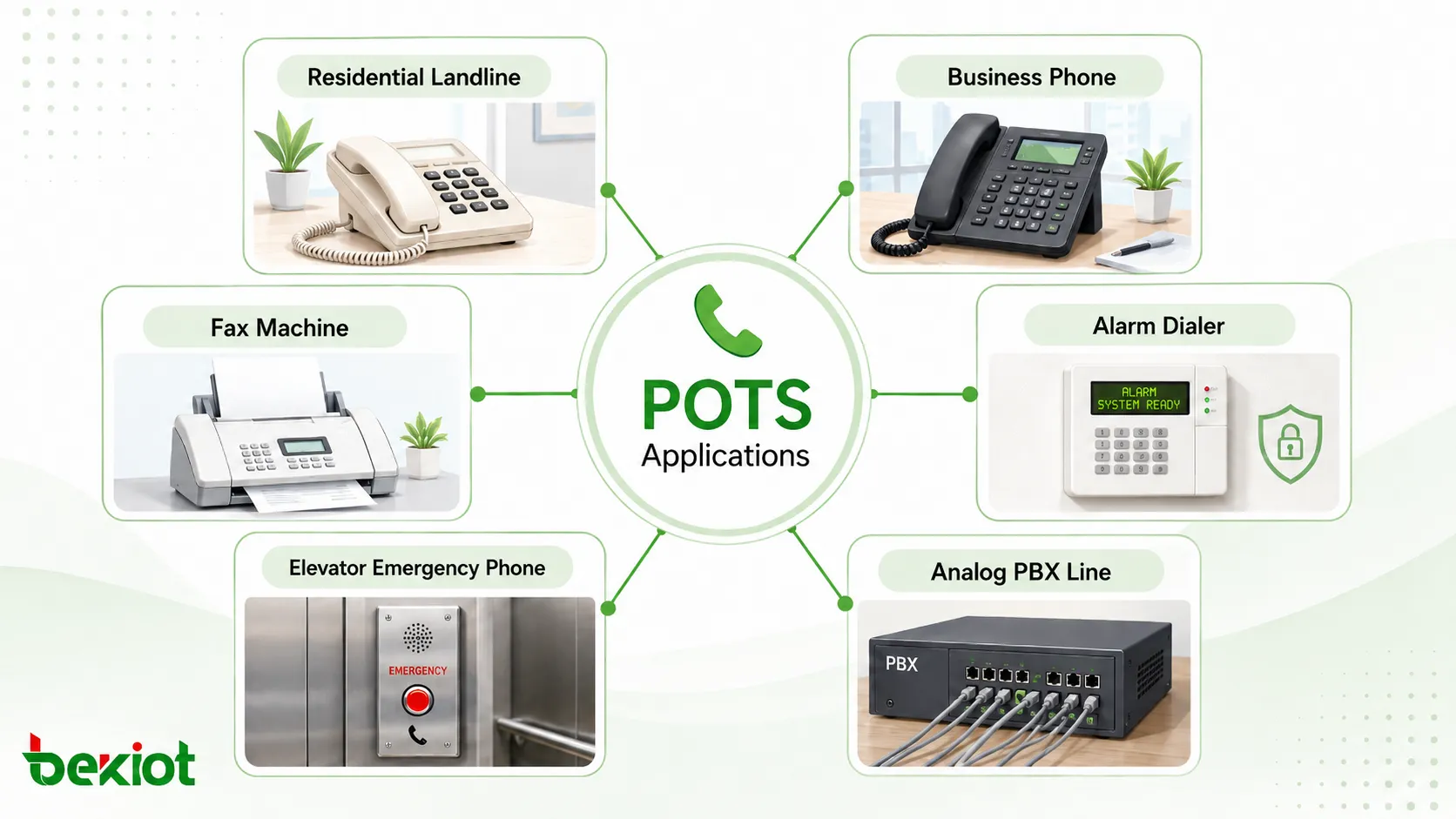 Применения POTS, показывающие жилой стационарный телефон, бизнес-телефон, факс, устройство дозвона сигнализации, лифтовой экстренный телефон и аналоговую линию АТС