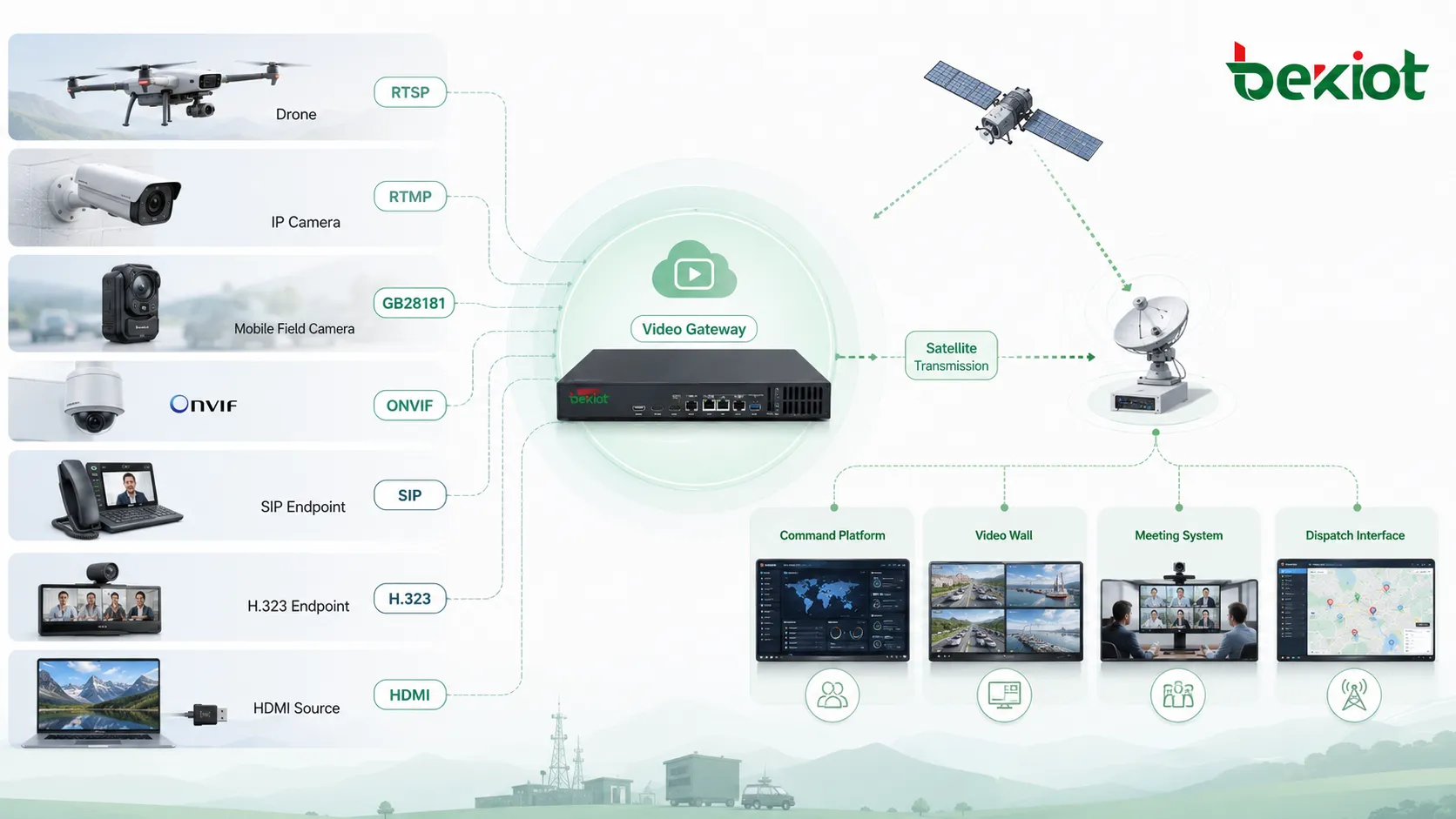 Архитектура видеошлюза, соединяющая источники видео дрона RTSP RTMP GB28181 ONVIF SIP H323 HDMI со спутниковой передачей и командной платформой