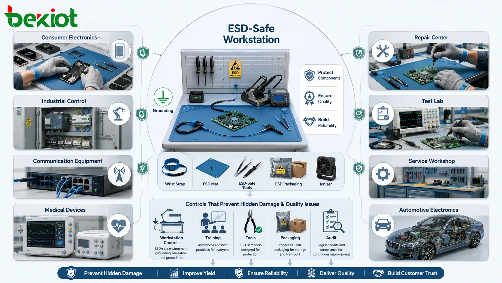 Применение защиты от ESD в потребительской электронике, промышленном управлении, оборудовании связи, медицинских приборах, автомобильных системах и на производственных рабочих местах