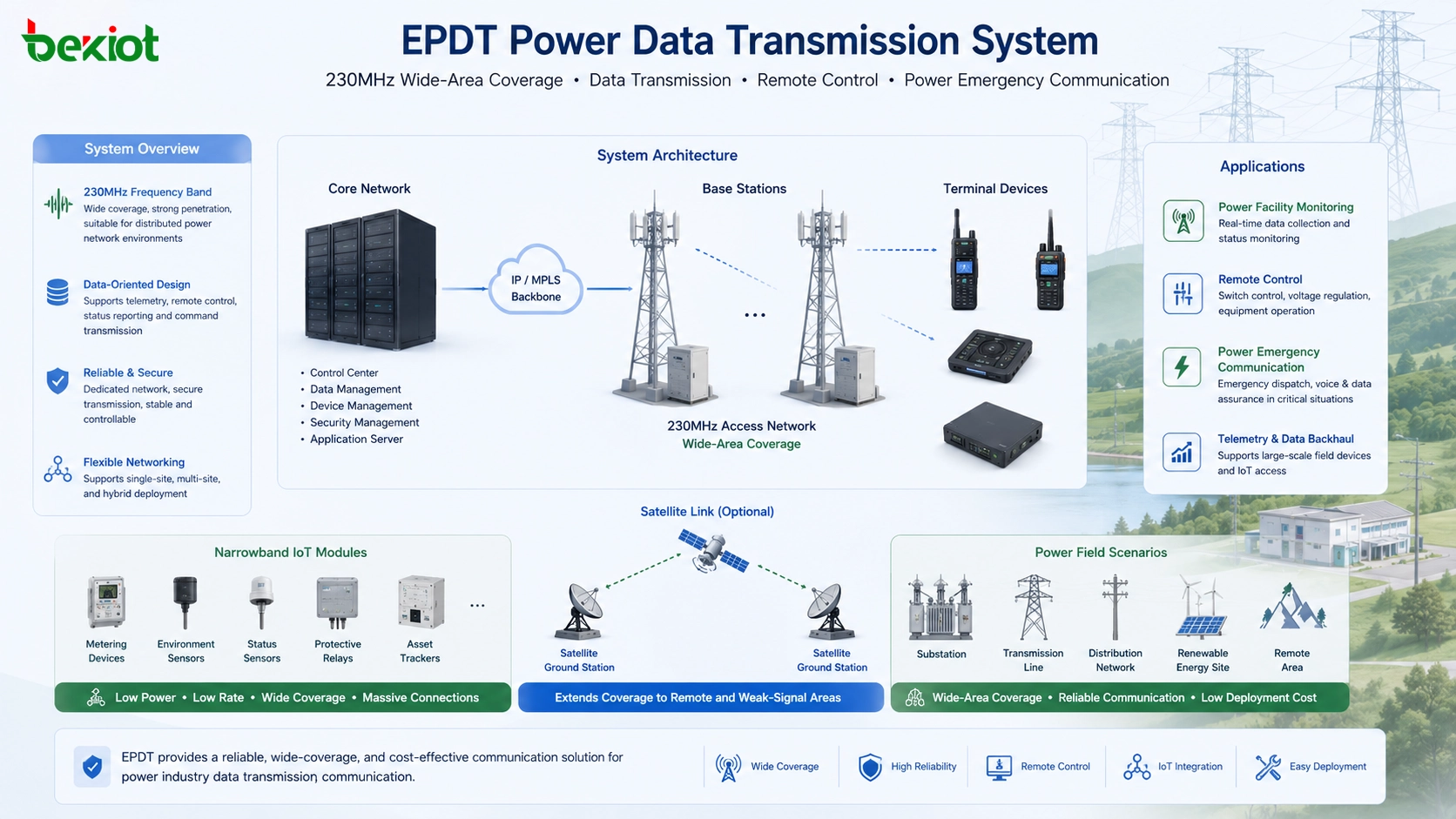 Система EPDT передачи данных энергетики: ядро 230MHz, базовые станции, терминалы, спутниковый канал, узкополосные IoT-модули, удаленное управление и аварийная связь