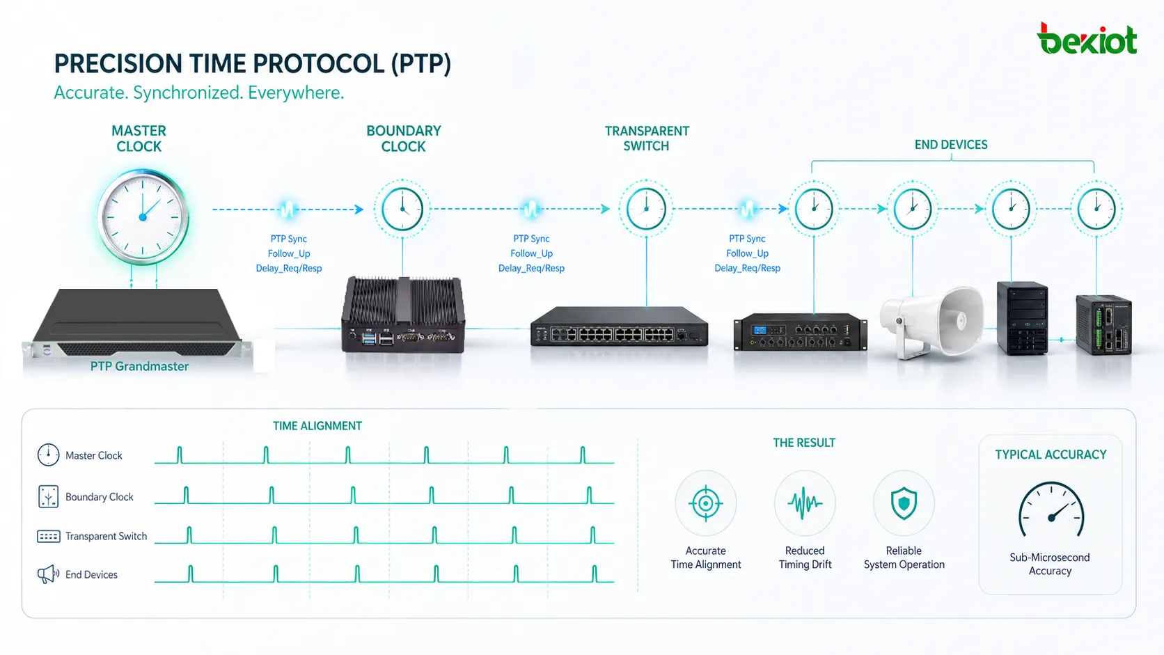 Сеть PTP синхронизирует мастер-часы, boundary clock, transparent switch и конечные устройства