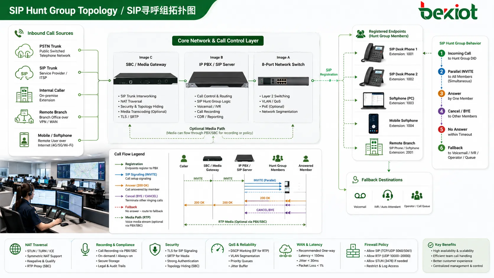 SIP-топология группы поиска с IP PBX SIP-сервером SBC удалёнными филиалами softphone и настольными телефонами