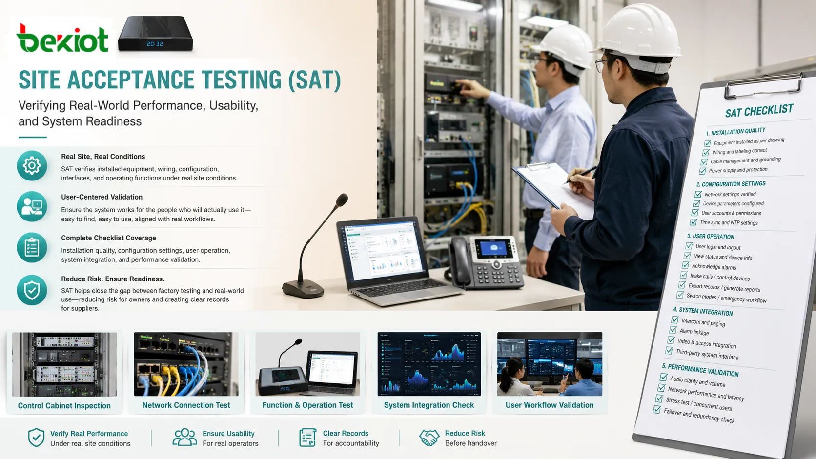Чек-лист Site Acceptance Testing охватывает качество установки конфигурацию работу пользователей и проверку интеграции