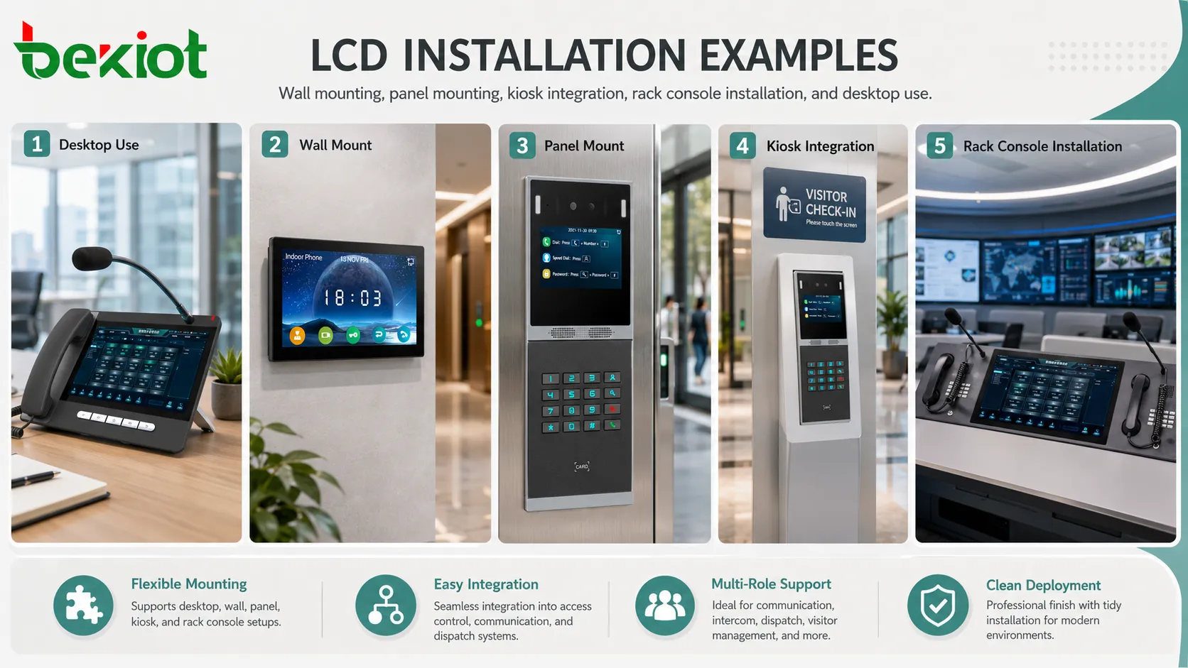Варианты установки LCD, включая настенное крепление VESA, монтаж в панель, интеграцию в киоск, консоль стойки и настольный монитор