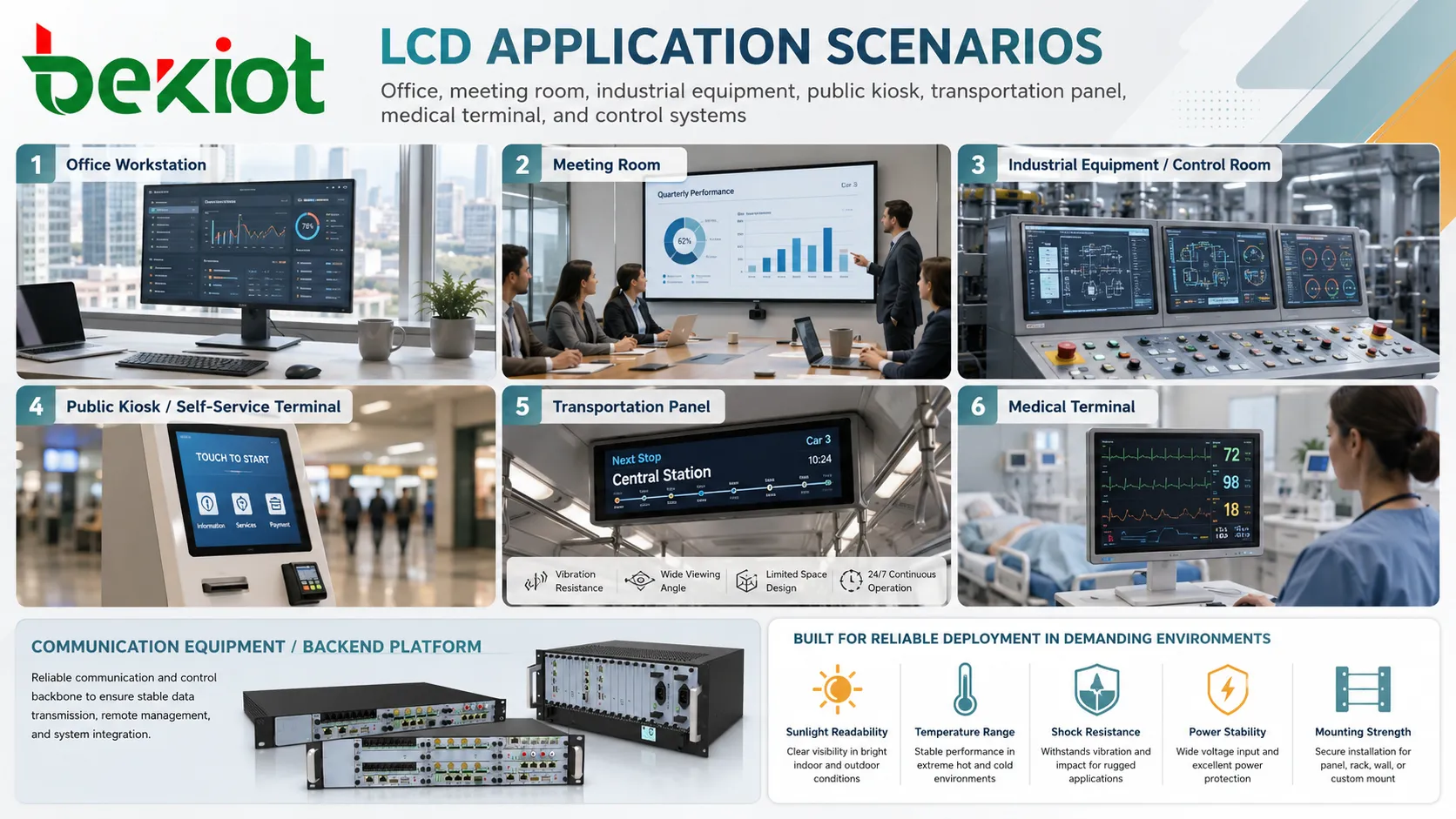 Применение LCD в офисной переговорной, промышленном оборудовании, общественном киоске, транспортной панели и медицинском терминале
