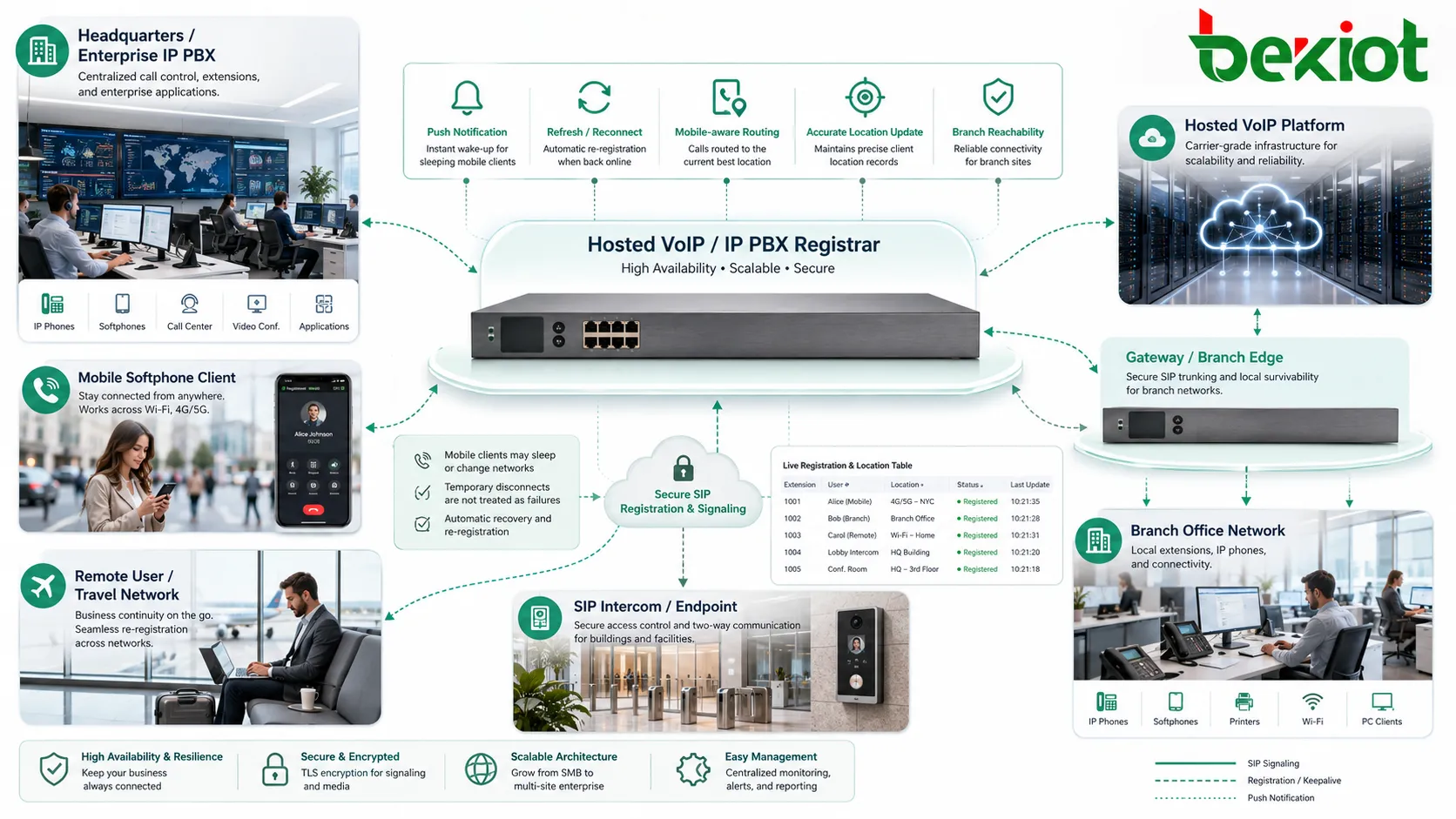 Сервисы Registrar применяются в IP PBX, hosted VoIP, филиалах, мобильных клиентах, шлюзах и SIP-терминалах.