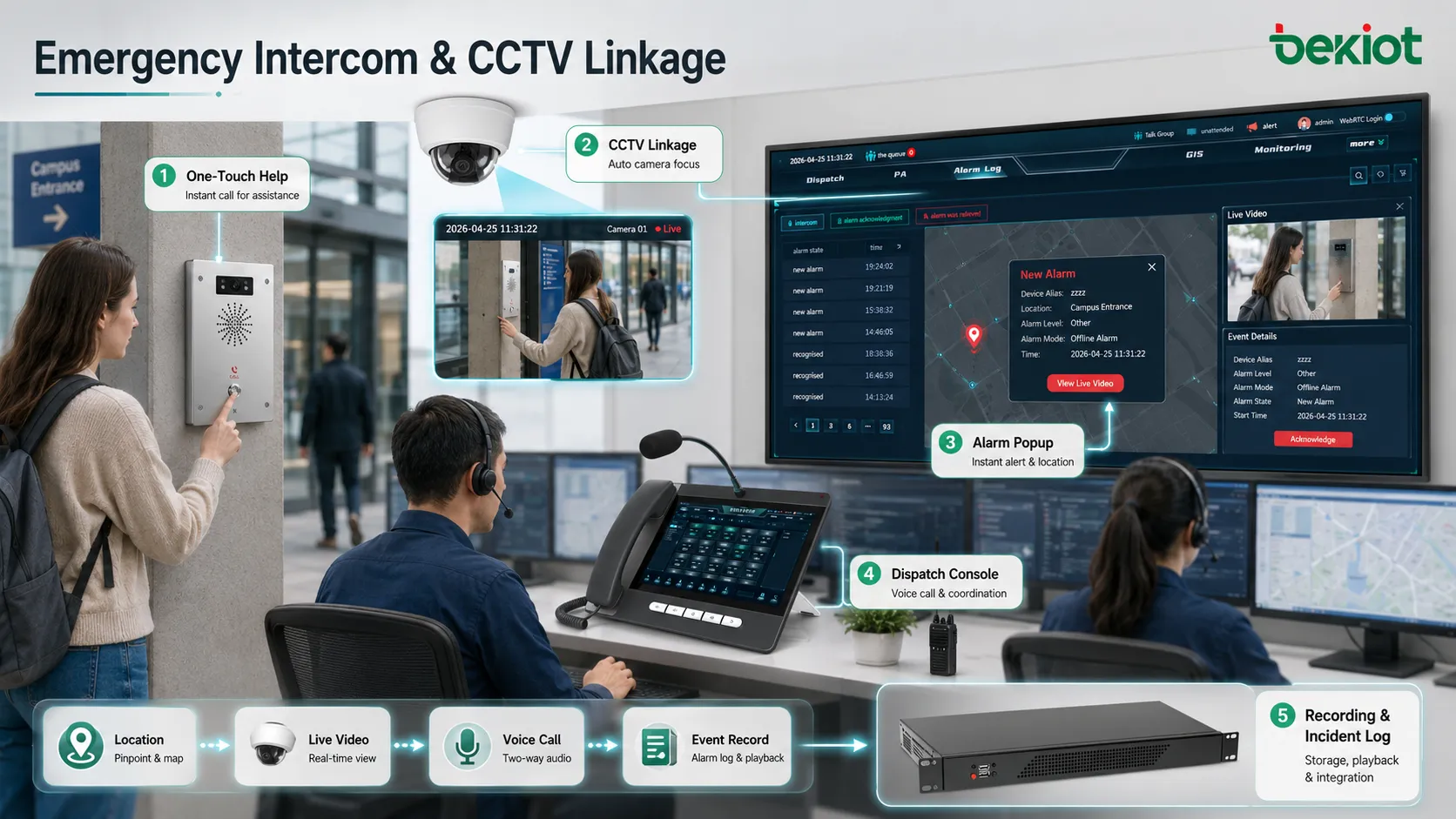Аварийный переговорный терминал связан с CCTV камерой GIS картой всплывающей тревогой и диспетчерским пультом