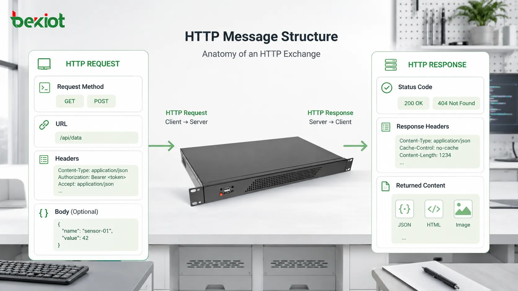 Процесс HTTP запроса и ответа с браузером-клиентом, DNS-запросом, веб-сервером, методом запроса, заголовками, кодом состояния и телом ответа