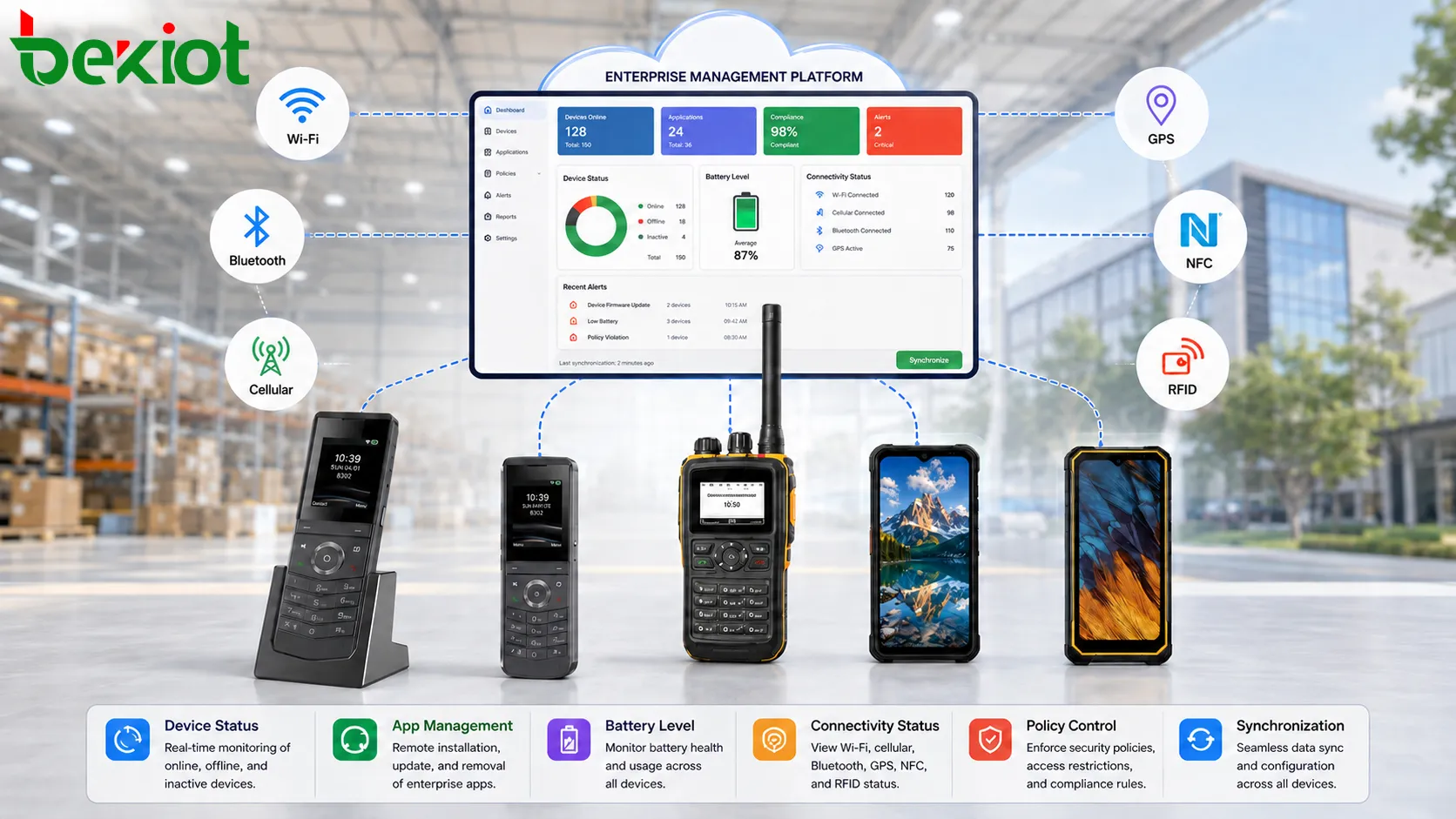Схема подключения ручного устройства с Wi-Fi, Bluetooth, сотовой сетью, GPS, NFC, RFID и корпоративной платформой управления