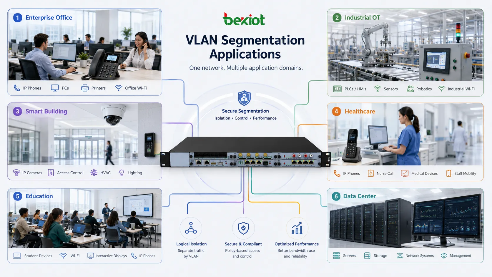 Применение сегментации VLAN в корпоративном офисе промышленной OT умном здании здравоохранении образовании и проектировании сети центра данных