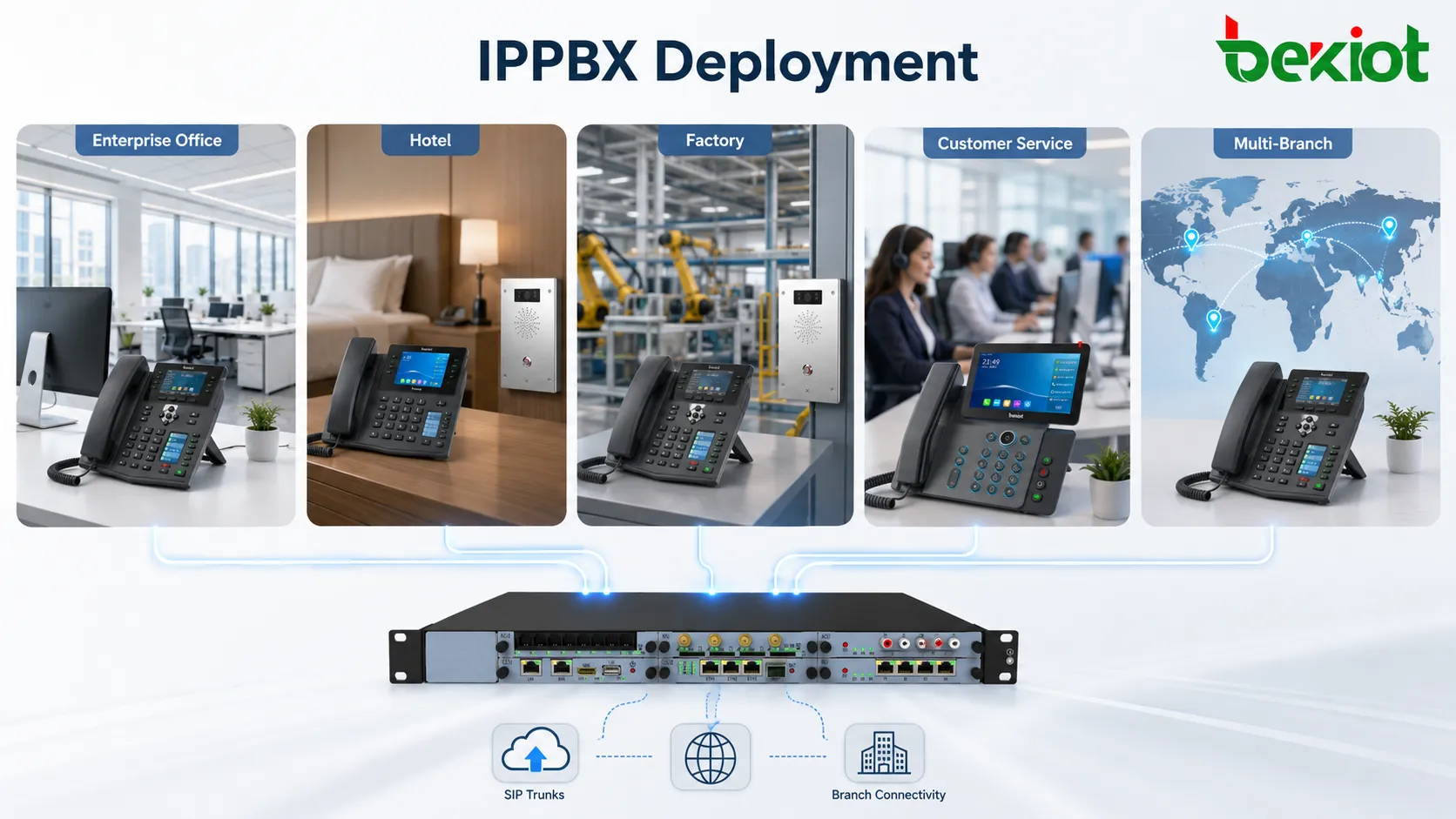Развертывание IPPBX в корпоративных офисах, гостиницах, на заводах, в центрах обслуживания клиентов и многофилиальных организациях