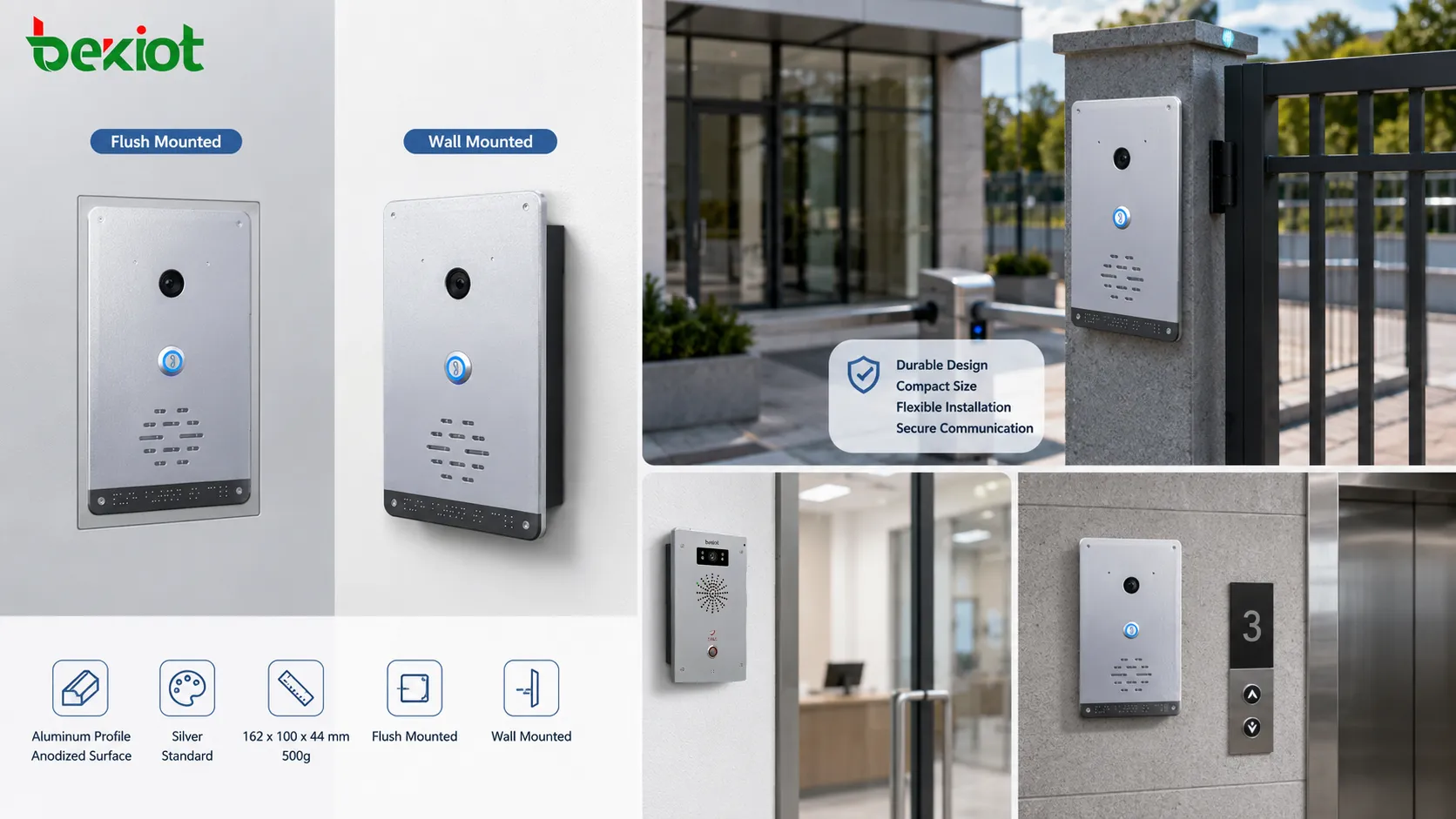 Flush mounted and wall mounted SIP intercom terminals installed at secure building access points