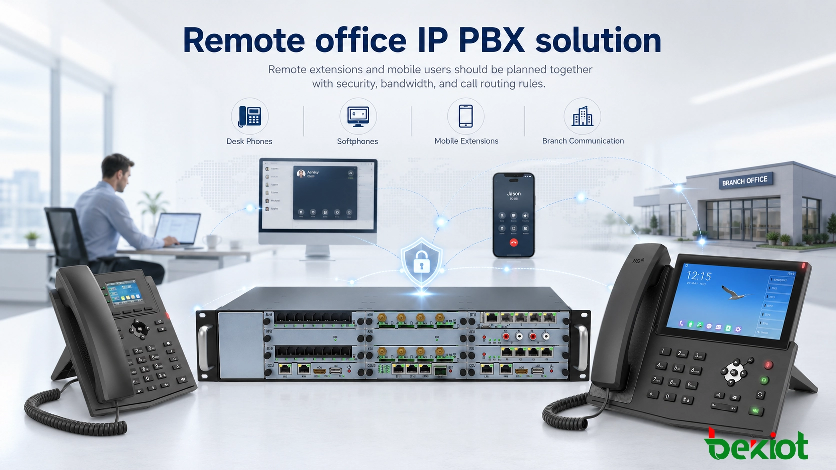 Решение IP-АТС для удалённого офиса с настольными телефонами, софтфонами, мобильными абонентами и связью с филиалами
