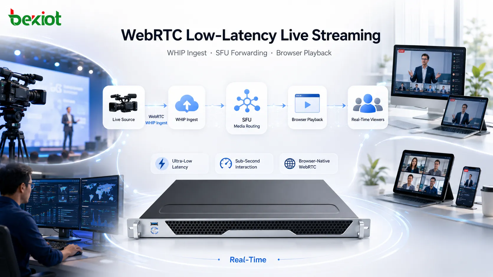 Архитектура WebRTC-трансляции с низкой задержкой, WHIP-публикацией, маршрутизацией медиа через SFU и браузерным воспроизведением