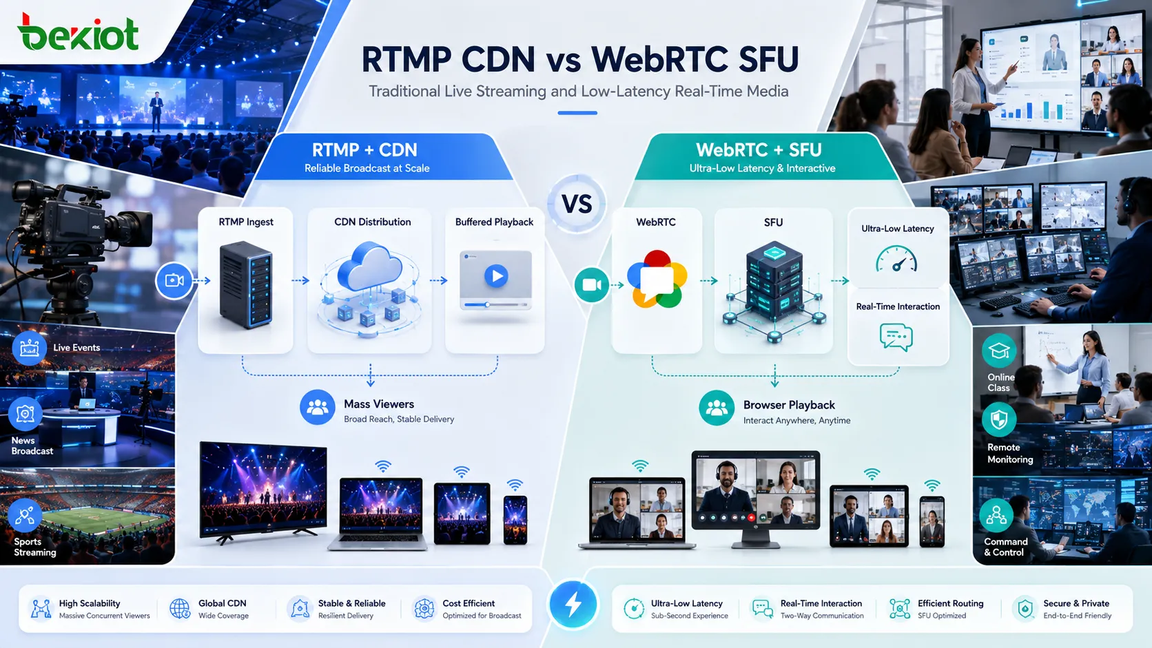Сравнение архитектуры RTMP CDN live streaming и архитектуры WebRTC SFU с низкой задержкой