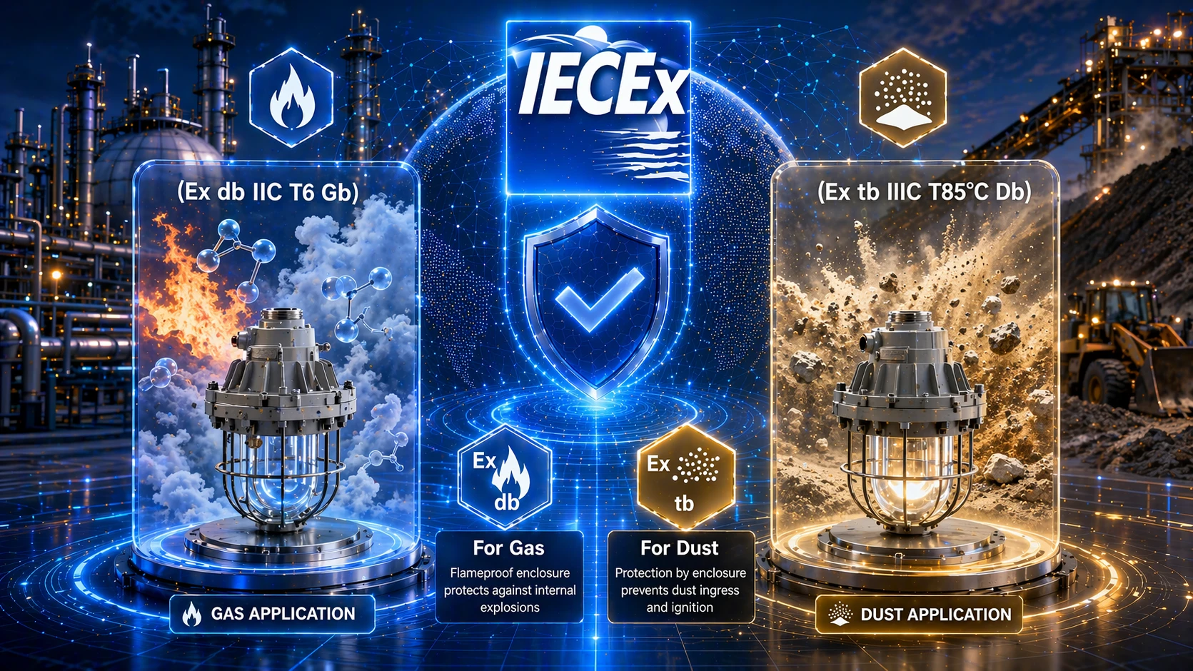 Схема иерархии стандартов IECEx, включая IEC 60079-0, 14, 17, 31 и классификацию взрывоопасных зон