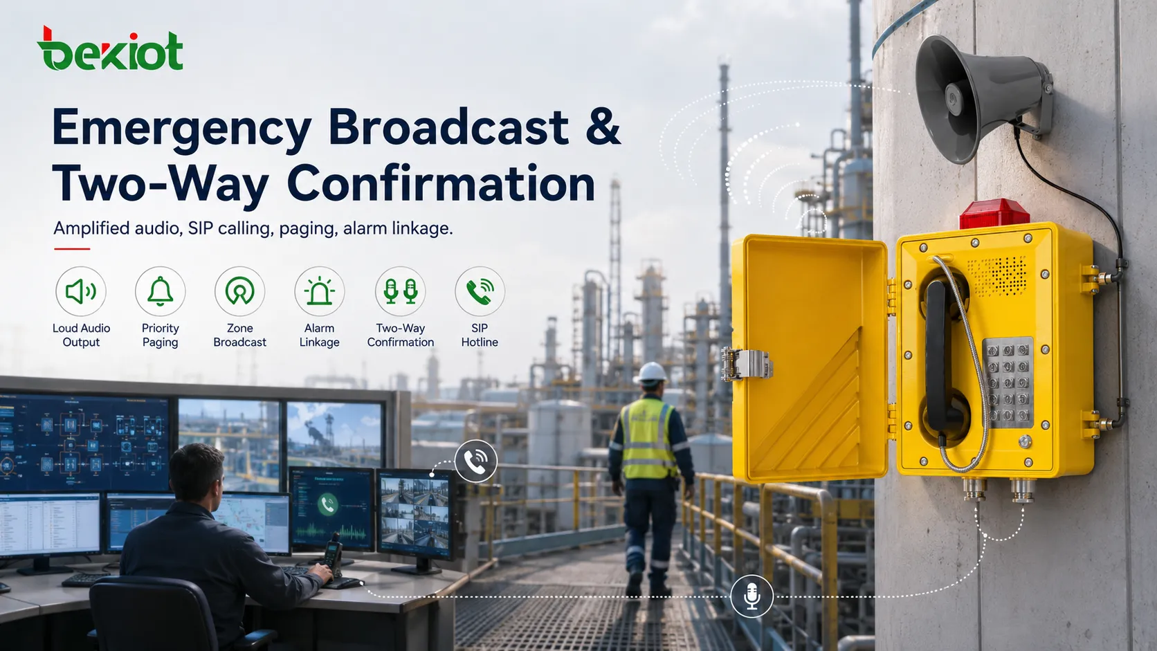 Возможности SIP-телефона с усилением для ЧС включая громкую аудиовыдачу прямой SIP-вызов приоритетное оповещение зональное вещание интеграцию с тревогой и двустороннее подтверждение