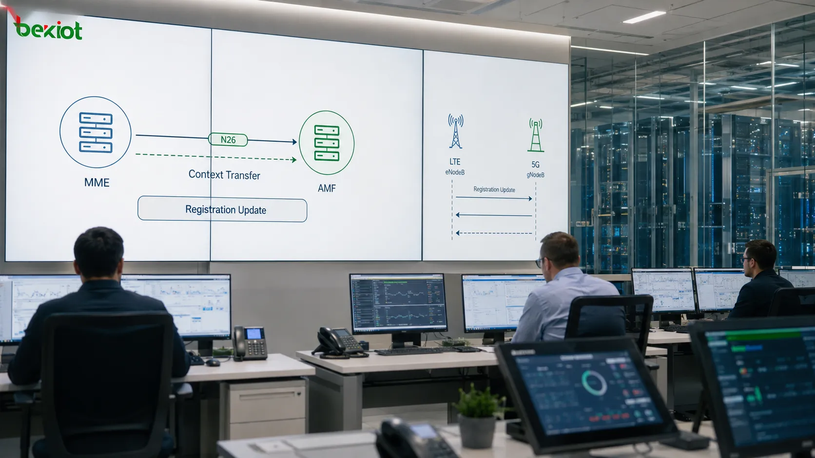 Передача контекста N26 между MME и AMF, показывающая сопоставленный 5G-GUTI, поиск DNS, запрос контекста GTPv2, ответ контекста, преобразование контекста EPS MM и 5G MM