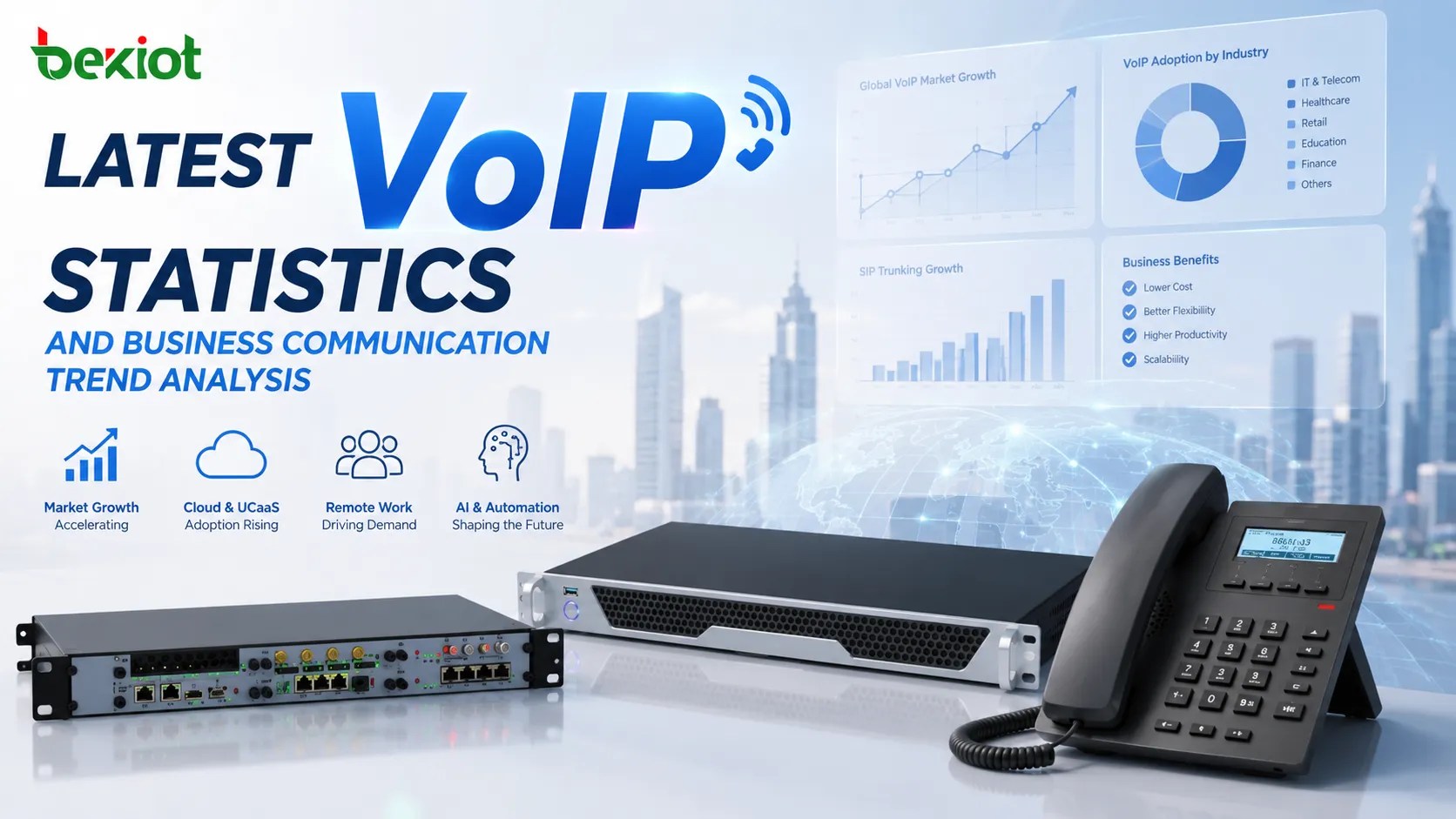 Статистика VoIP, показывающая, как облачные телефонные системы, SIP-транкинг, удалённая работа, унифицированные коммуникации и голосовые платформы с ИИ способствуют росту корпоративных коммуникаций