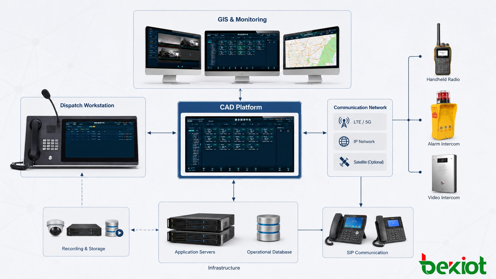 Архитектура системы CAD, объединяющая диспетчерские рабочие места, серверы приложений, карты GIS, сети связи, системы записи и мобильные полевые терминалы