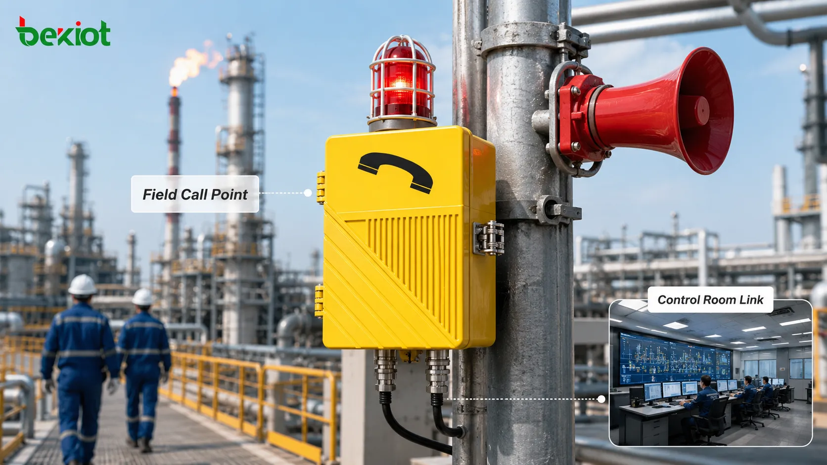 Взрывозащищённая вызывная станция громкой связи на нефтегазовой скважинной площадке с устьевым оборудованием, сборным трубопроводом, полевым работником, связью с диспетчерской, фиксированным пунктом вызова и зональным оповещением