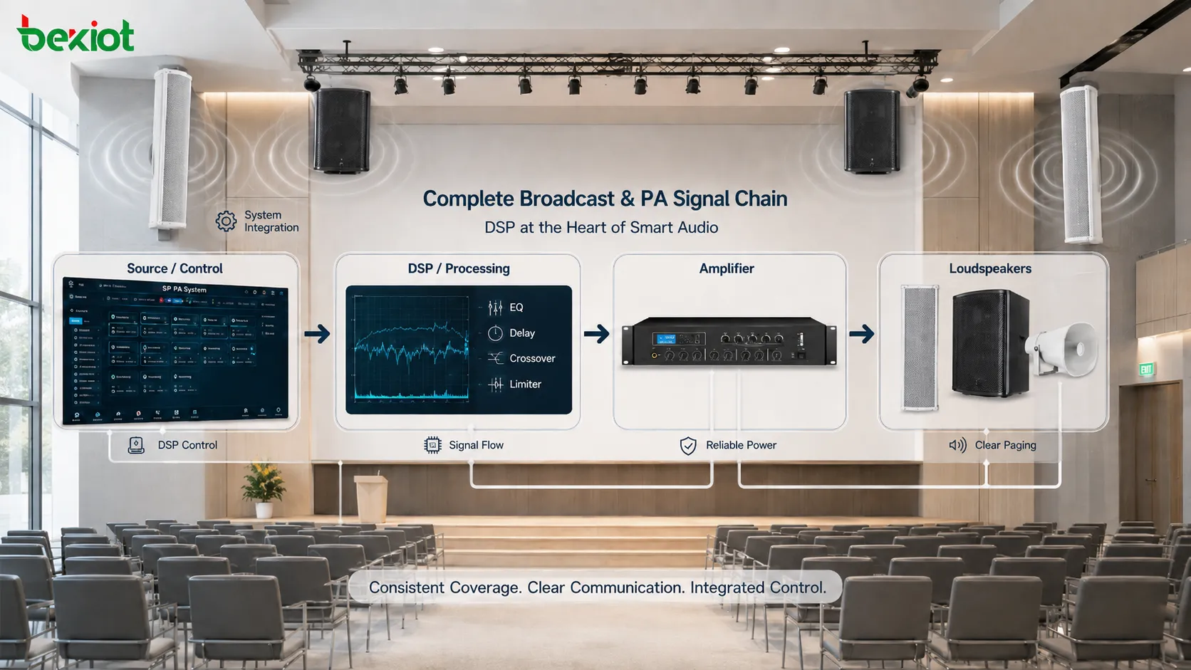 Профессиональная система оповещения и PA с DSP для эквализации задержки кроссовера лимитирования и равномерного звукового покрытия