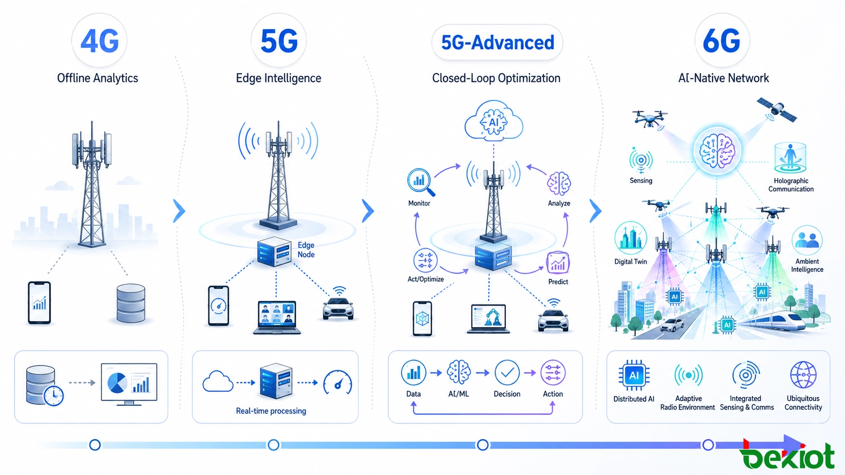 Эволюция ИИ в мобильных сетях от автономного анализа 4G до периферийного интеллекта 5G, замкнутой оптимизации 5G-Advanced и будущего 6G с ИИ как неотъемлемой частью