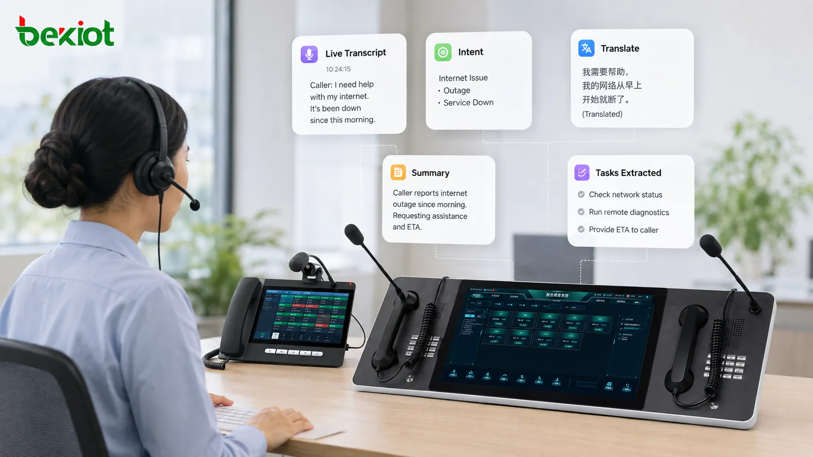 Анализ VoIP-вызова в реальном времени с помощью ИИ, включая расшифровку речи, определение намерения клиента, живой перевод, сопоставление с историческими данными и интеллектуальную помощь оператору