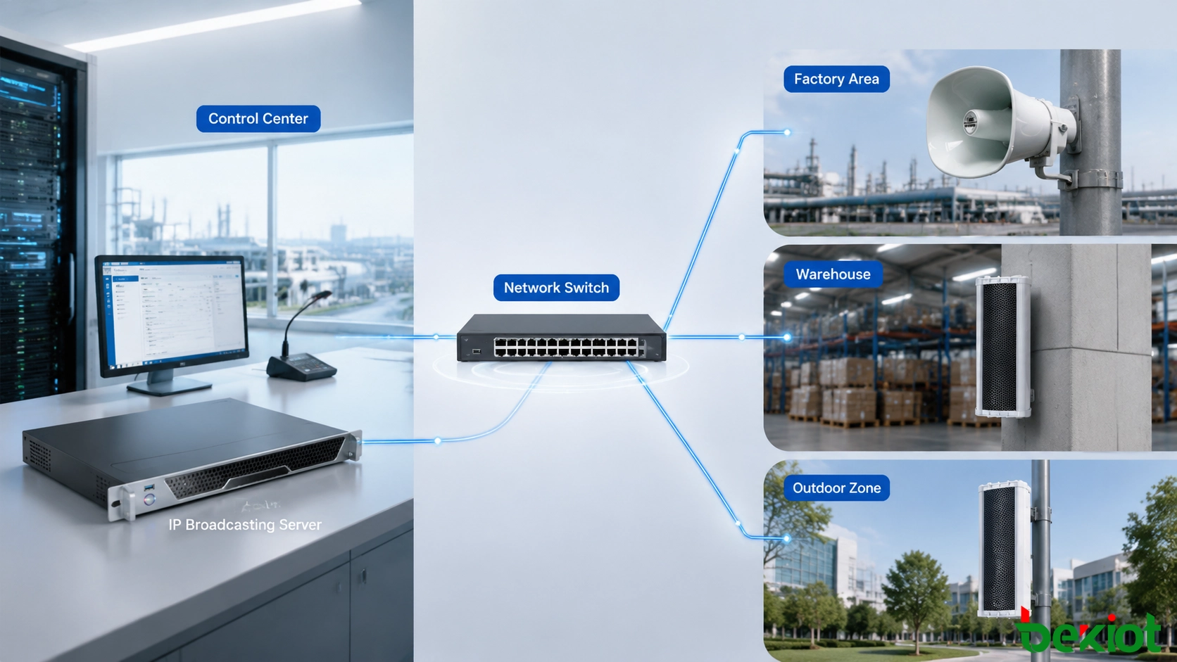 Архитектура удаленного IP-вещания, соединяющая сеть сервера и IP-аудиотерминалы