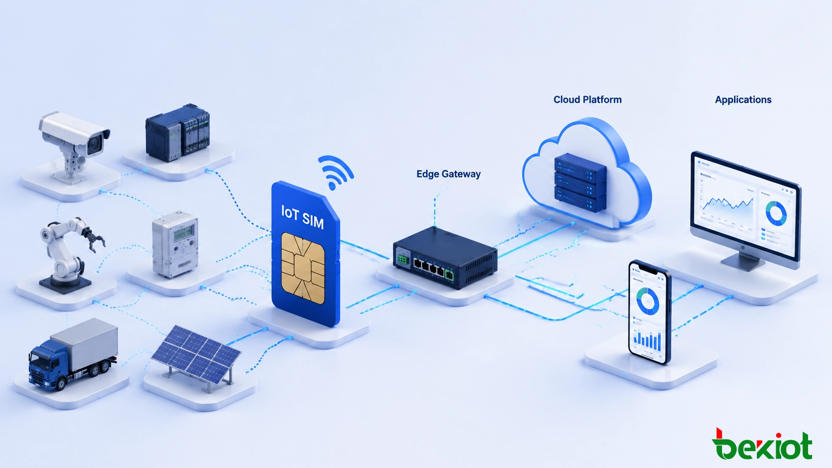 Корпоративная архитектура IoT-связи соединяет промышленное оборудование через сотовые сети IoT SIM с периферийными и облачными платформами и бизнес-приложениями