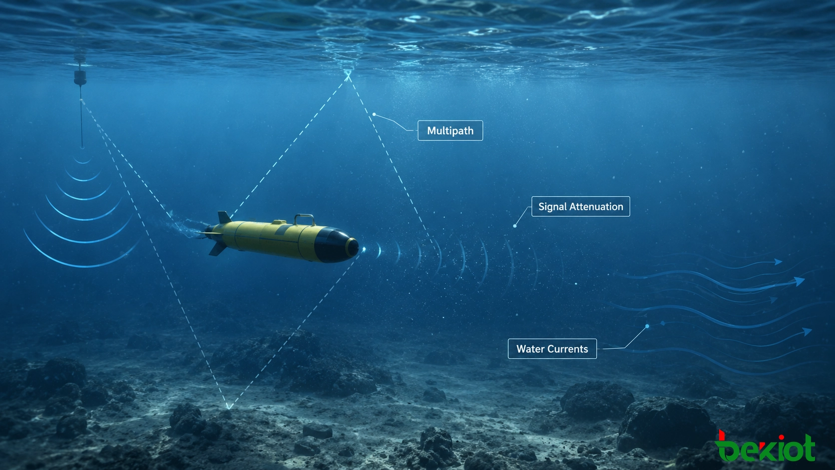 Среда подводной связи для AUV с отображением затухания сигнала, многолучевого распространения, водных течений и проблем связи