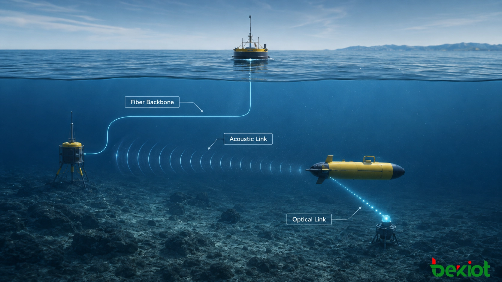 Гибридная архитектура связи AUV, объединяющая надводное управление, подводную станцию с оптоволоконным подключением, акустический канал и оптическую передачу данных