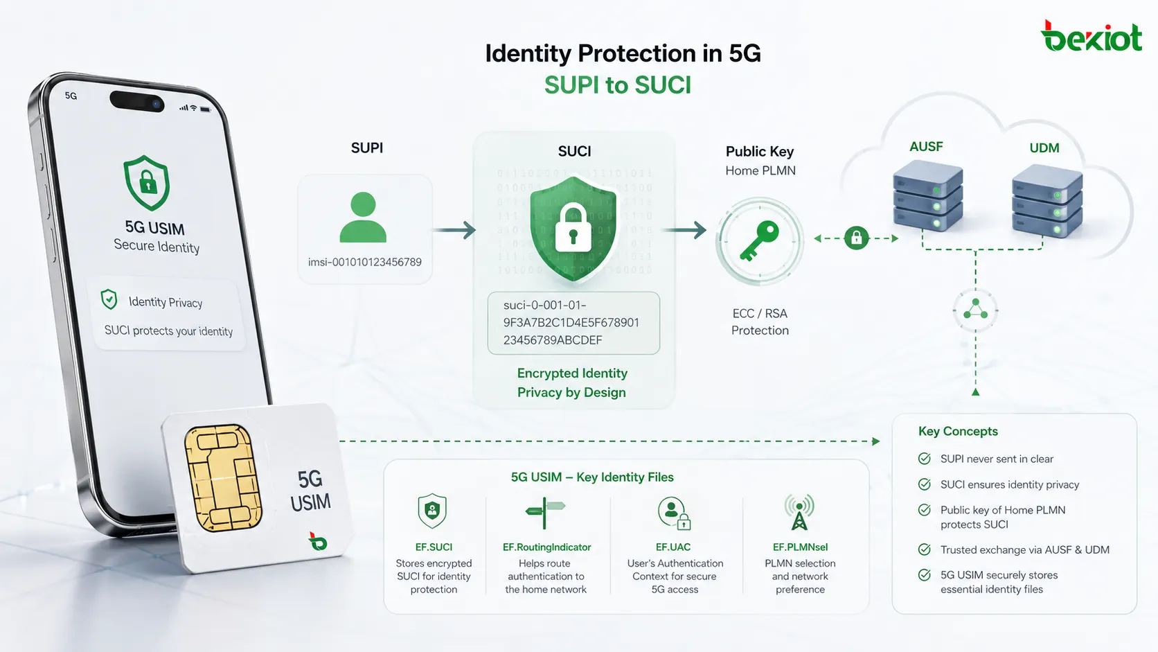 USIM 5G использует файлы EF для вычисления SUCI, индикатора маршрутизации, UAC и PLMN для конфиденциальности идентификатора и управления доступом